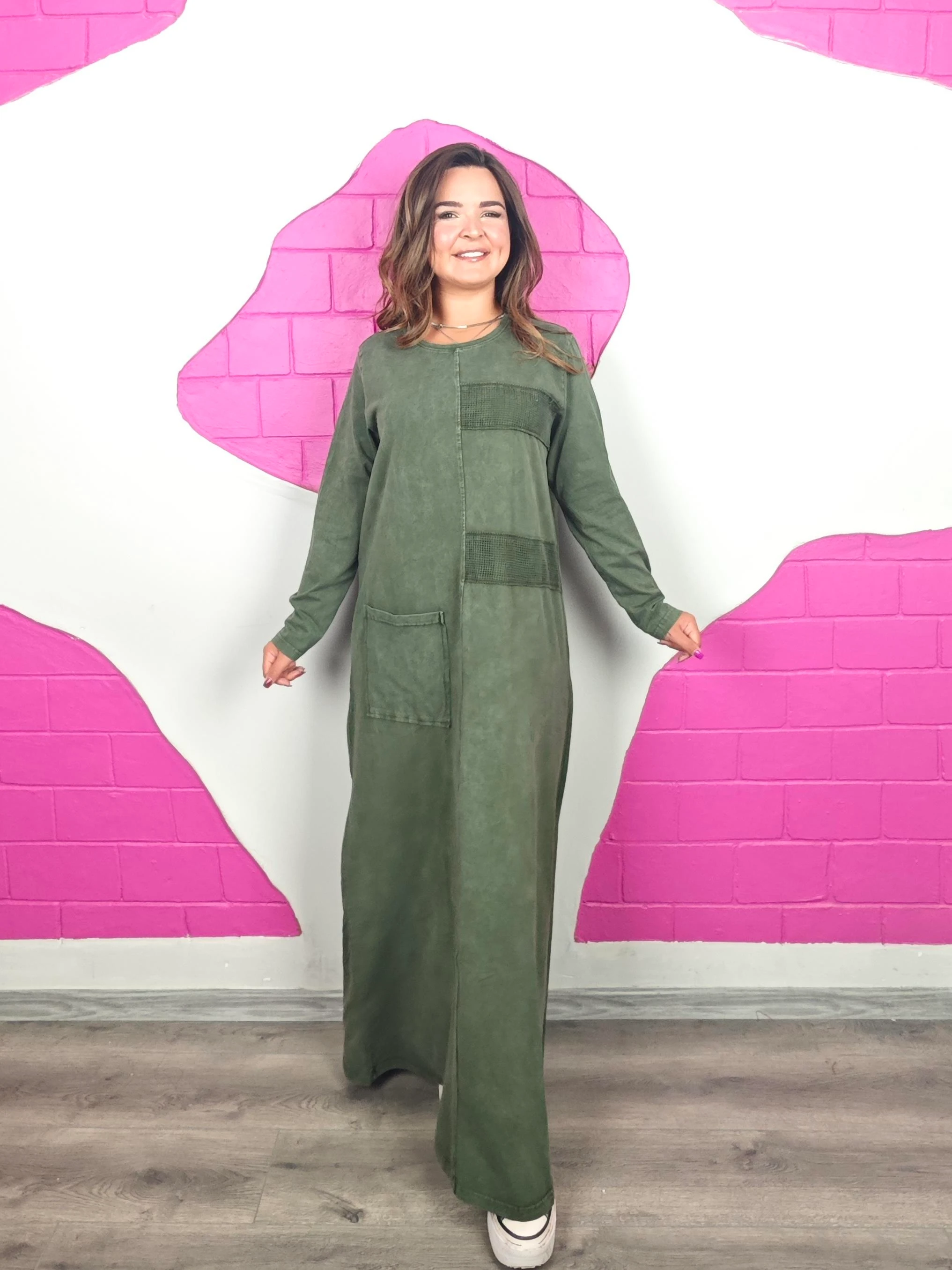 BÜYÜK BEDEN YIKAMALI FİLE HAKİ ELBİSE