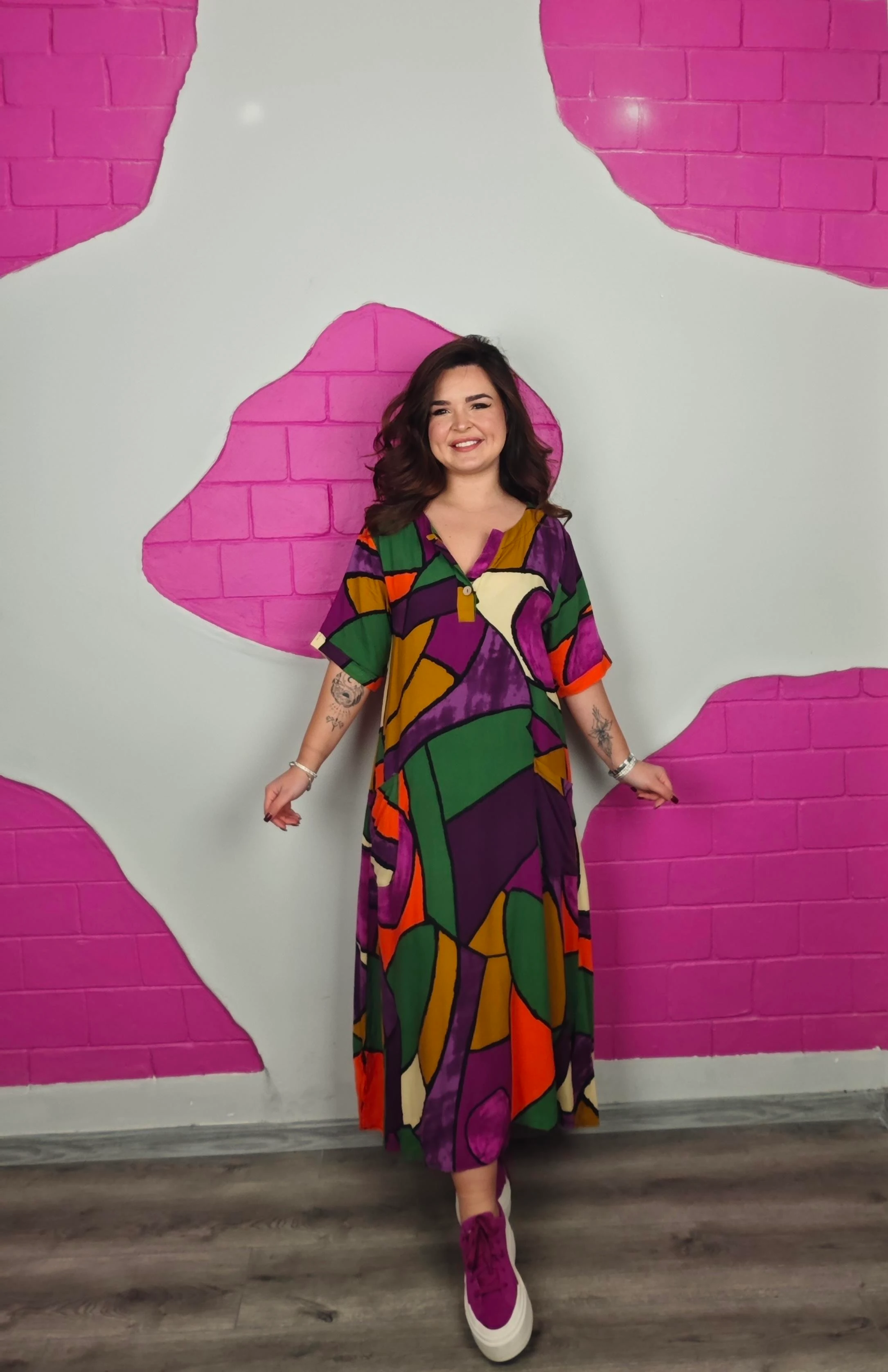 BÜYÜK BEDEN MOR GEOMETRİK ELBİSE