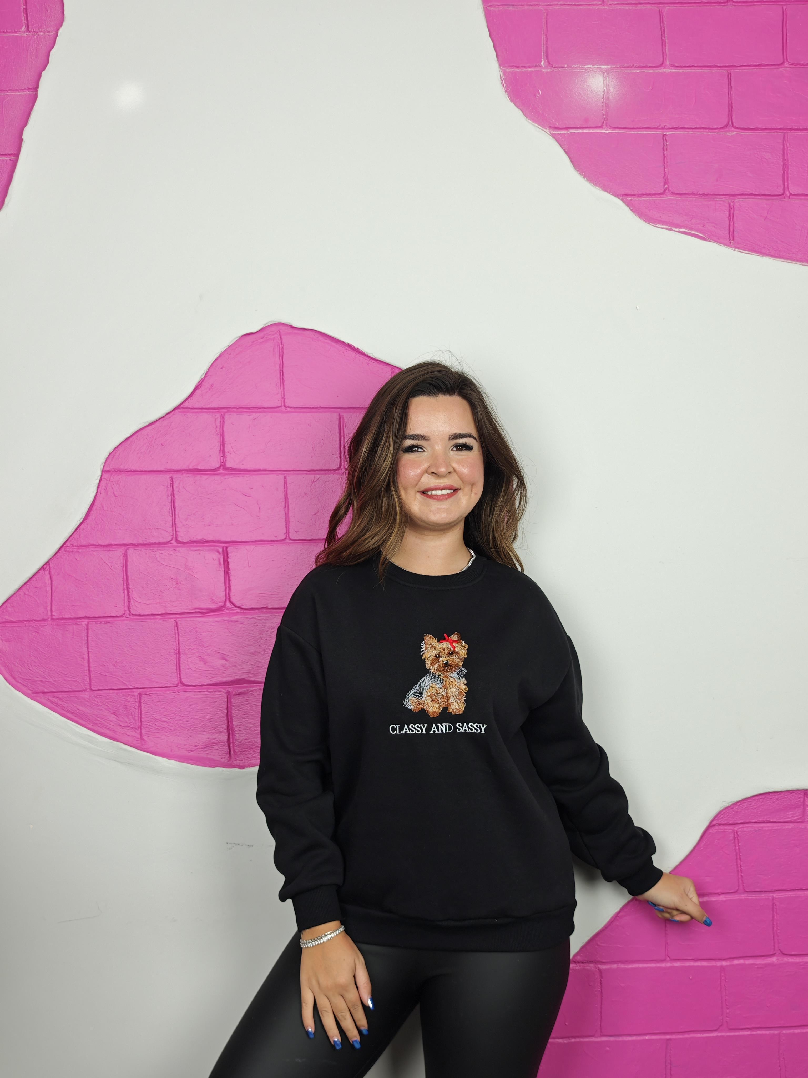 BÜYÜK BEDEN SİYAH KÖPEK NAKIŞLI SWEATSHIRT