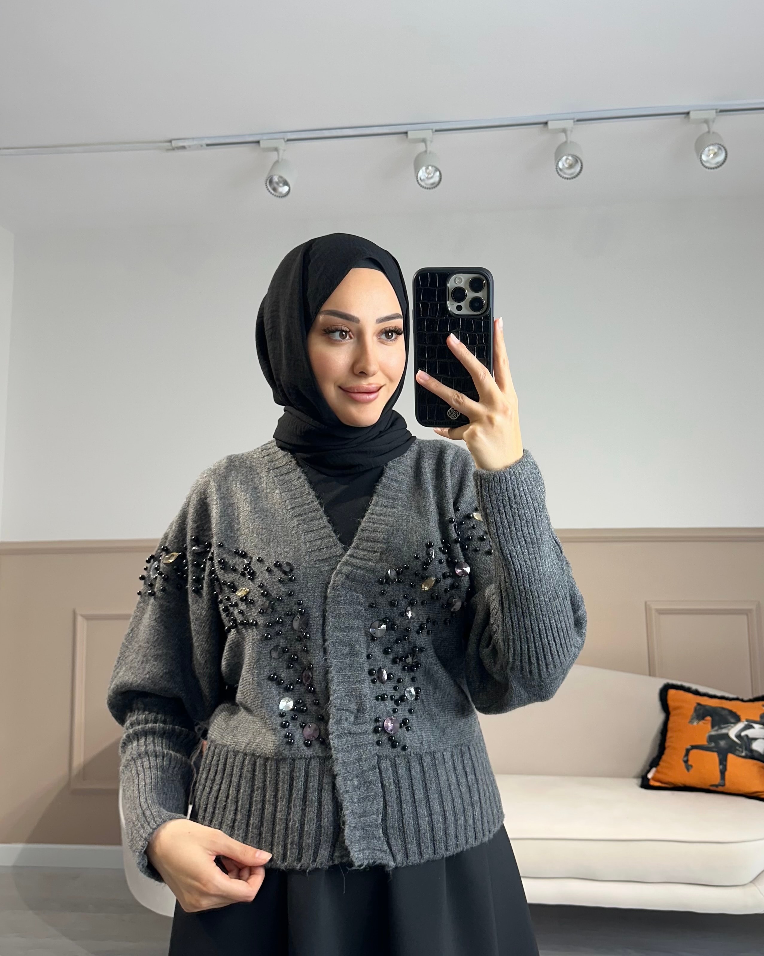 LORA TAŞ DETAYLI HIRKA-GRİ