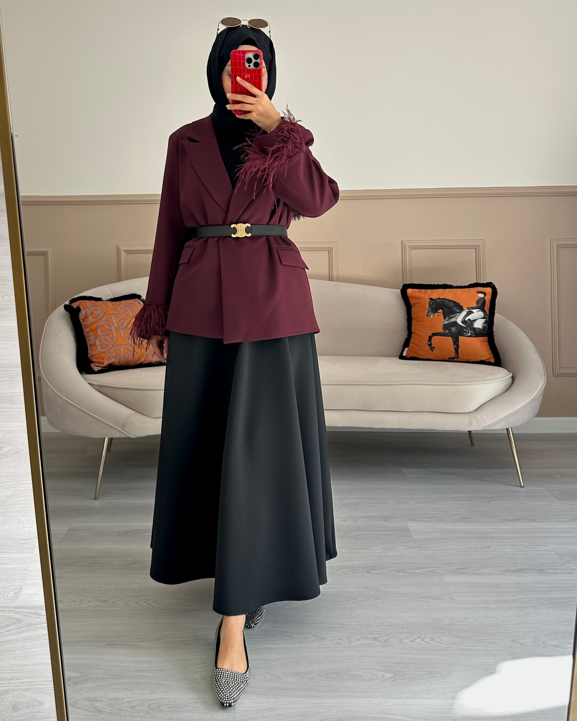 KOLLARI TÜYLÜ CEKET / BORDO