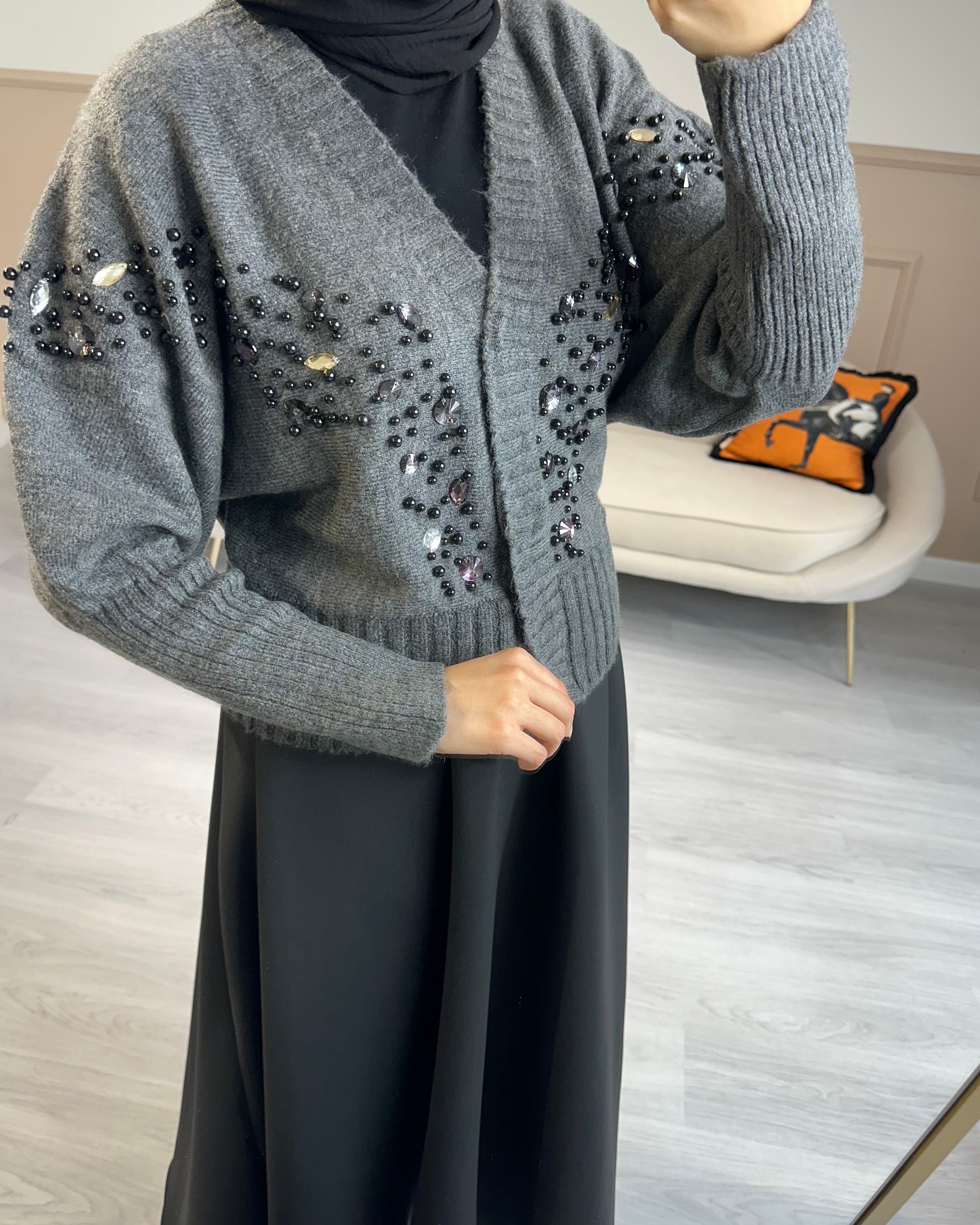 LORA TAŞ DETAYLI HIRKA-GRİ