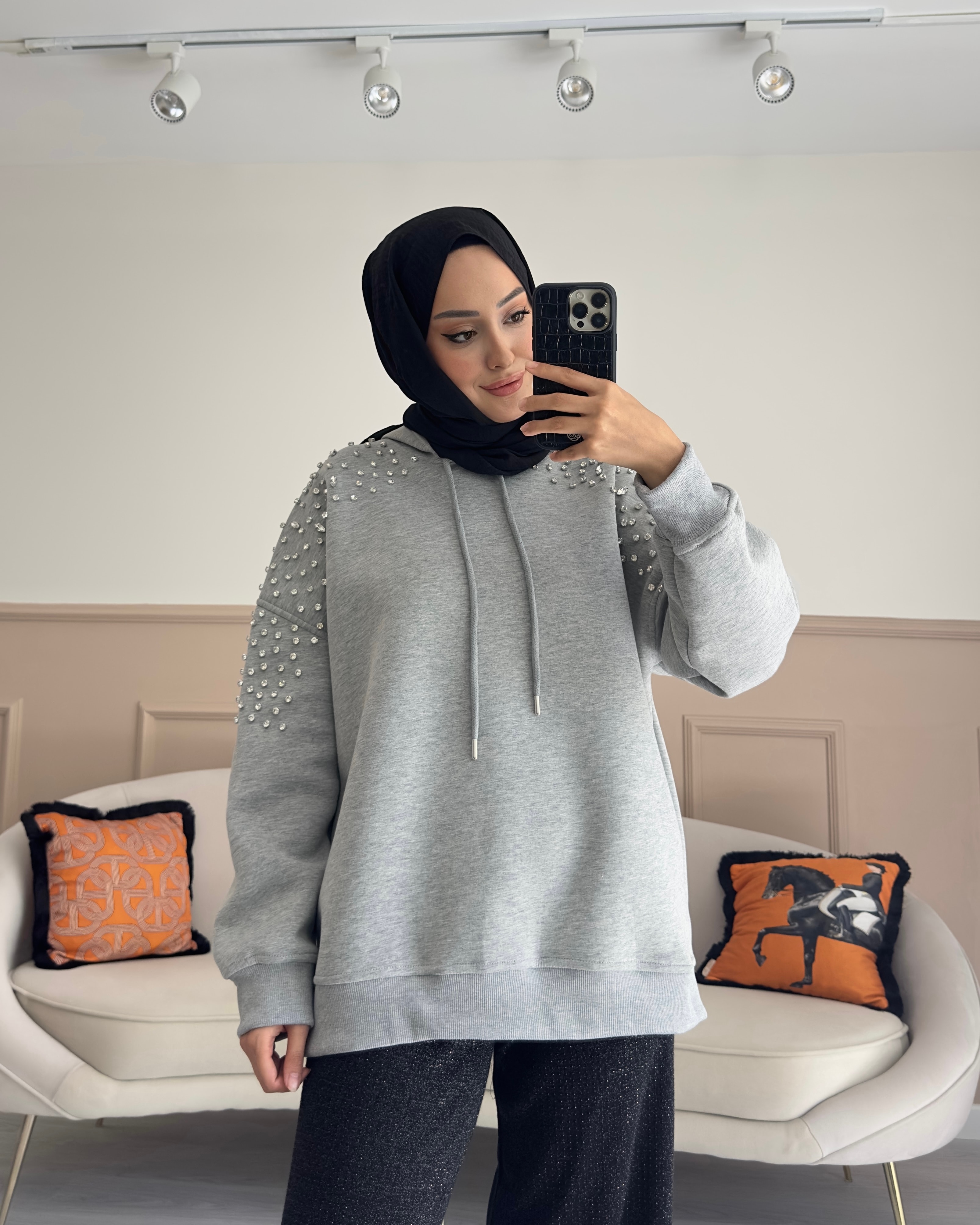 TAŞ DETAYLI KAPÜŞONLU SCUBA SWEAT GRİ