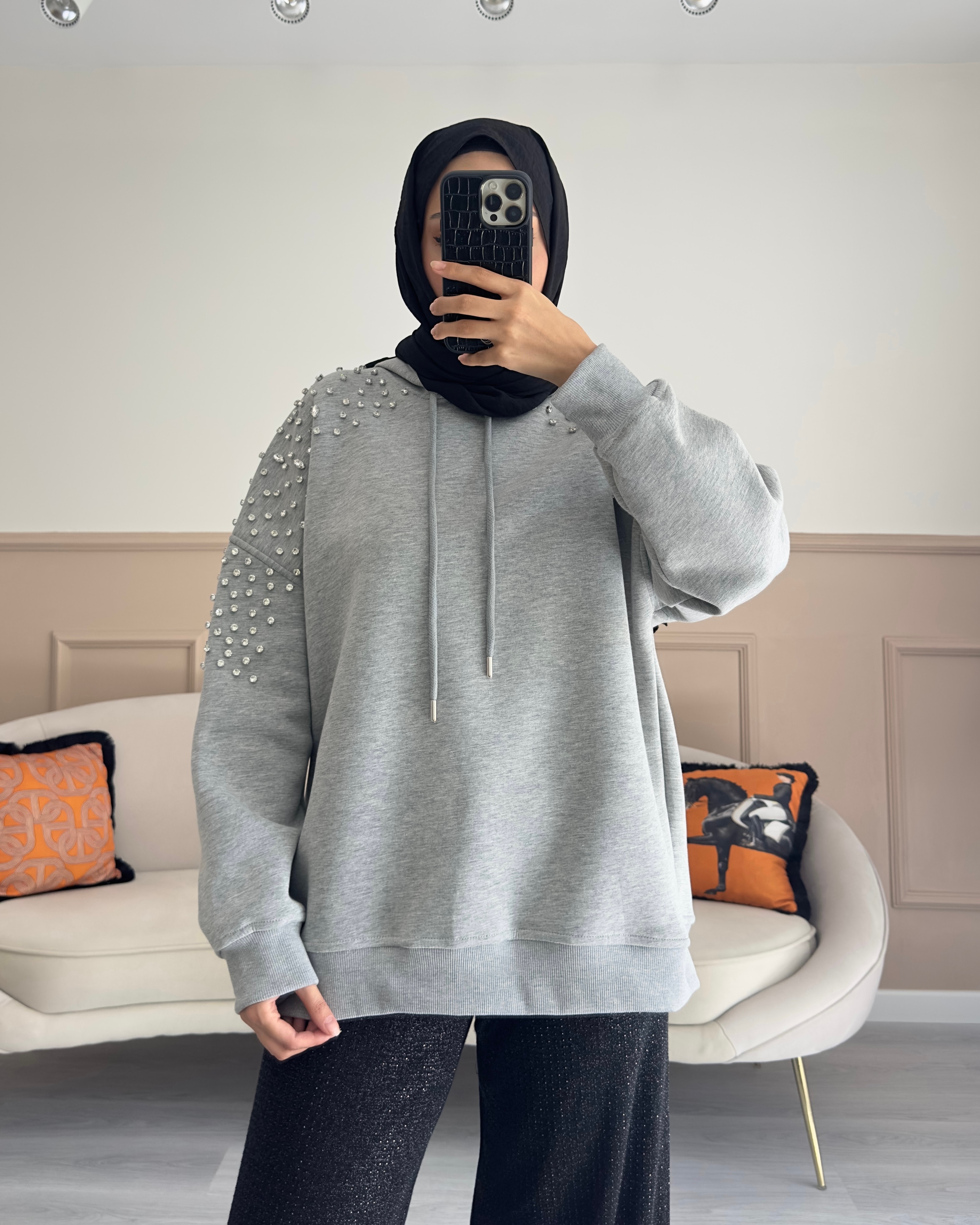 TAŞ DETAYLI KAPÜŞONLU SCUBA SWEAT GRİ