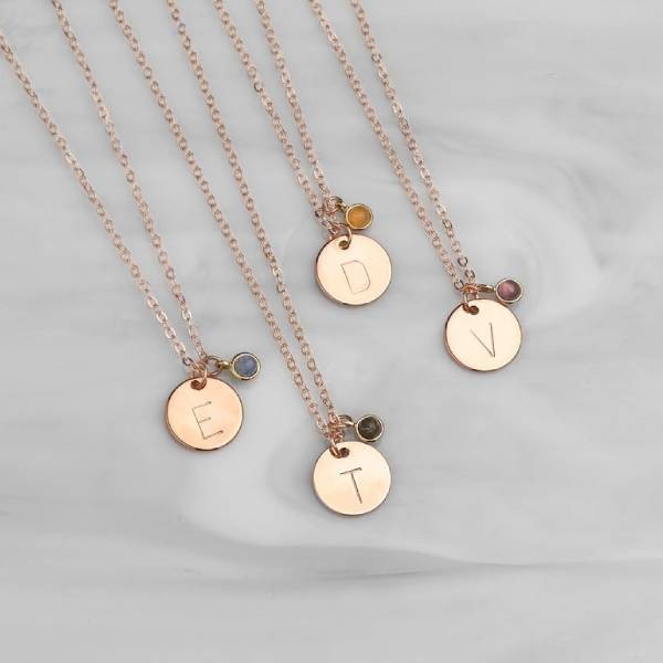 Birthstone and Initial Disk Necklace - Personalized