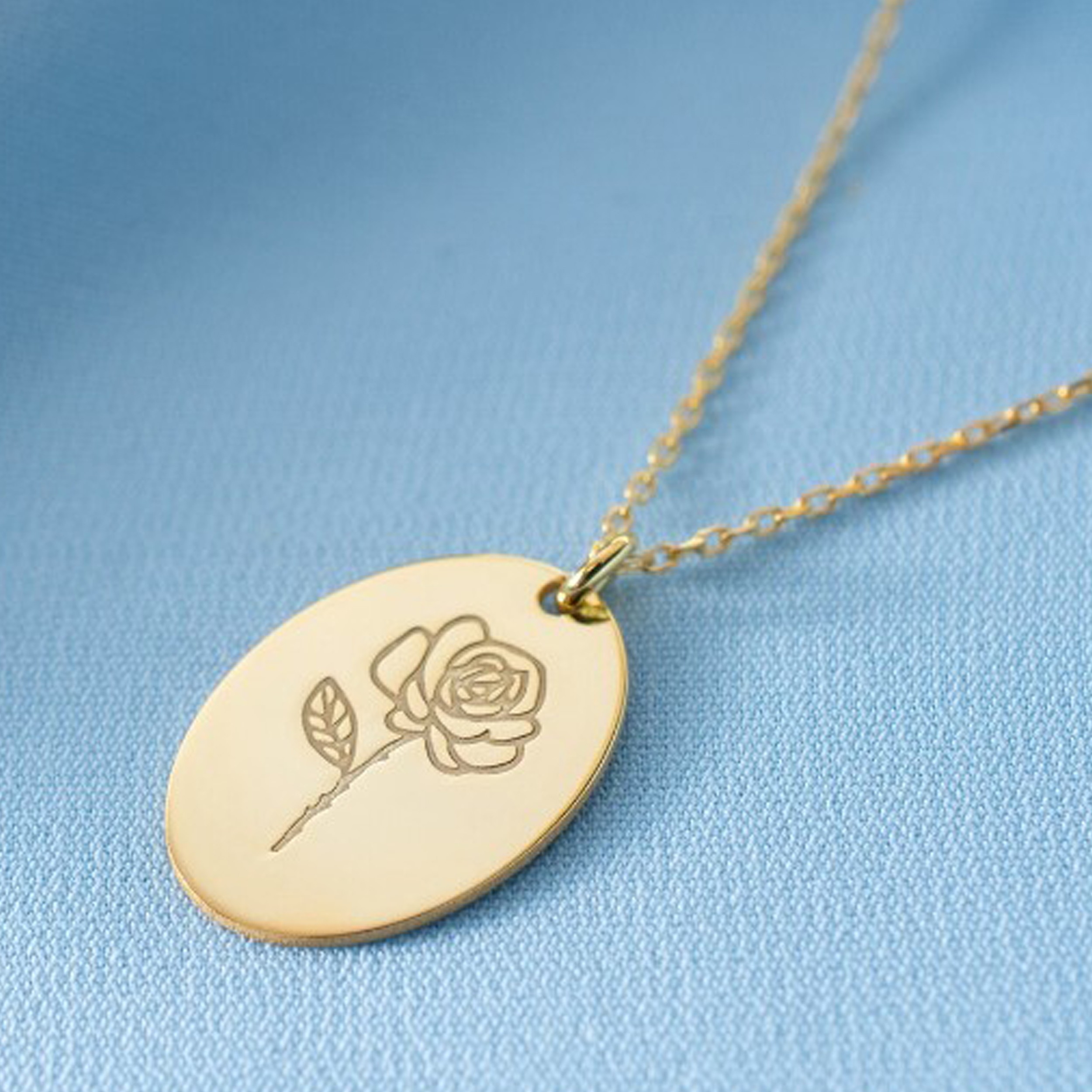 Birth Flower Oval Disk Necklace