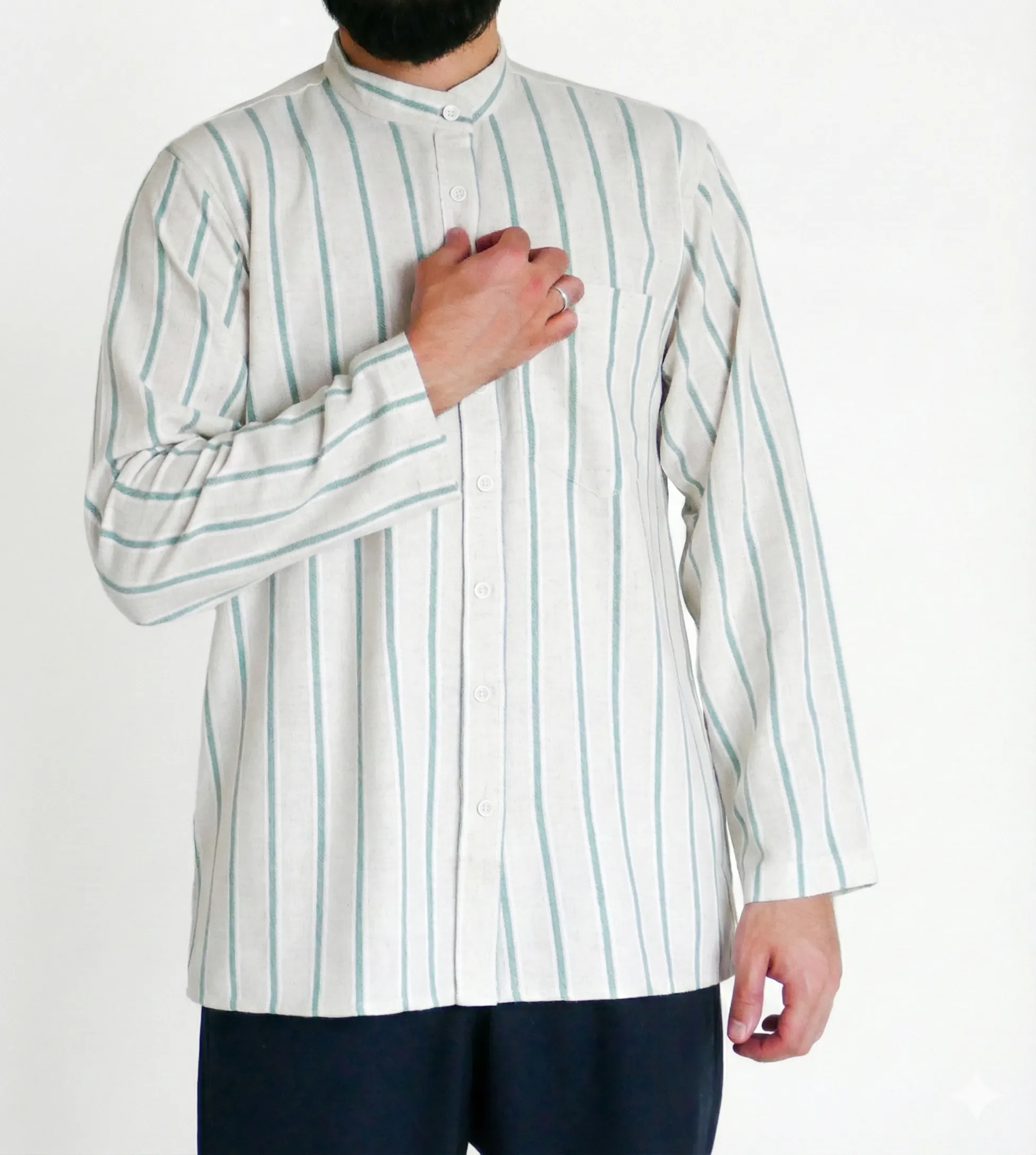 Sayha %100 Keten (Linen) Yeşil Çizgili Gömlek