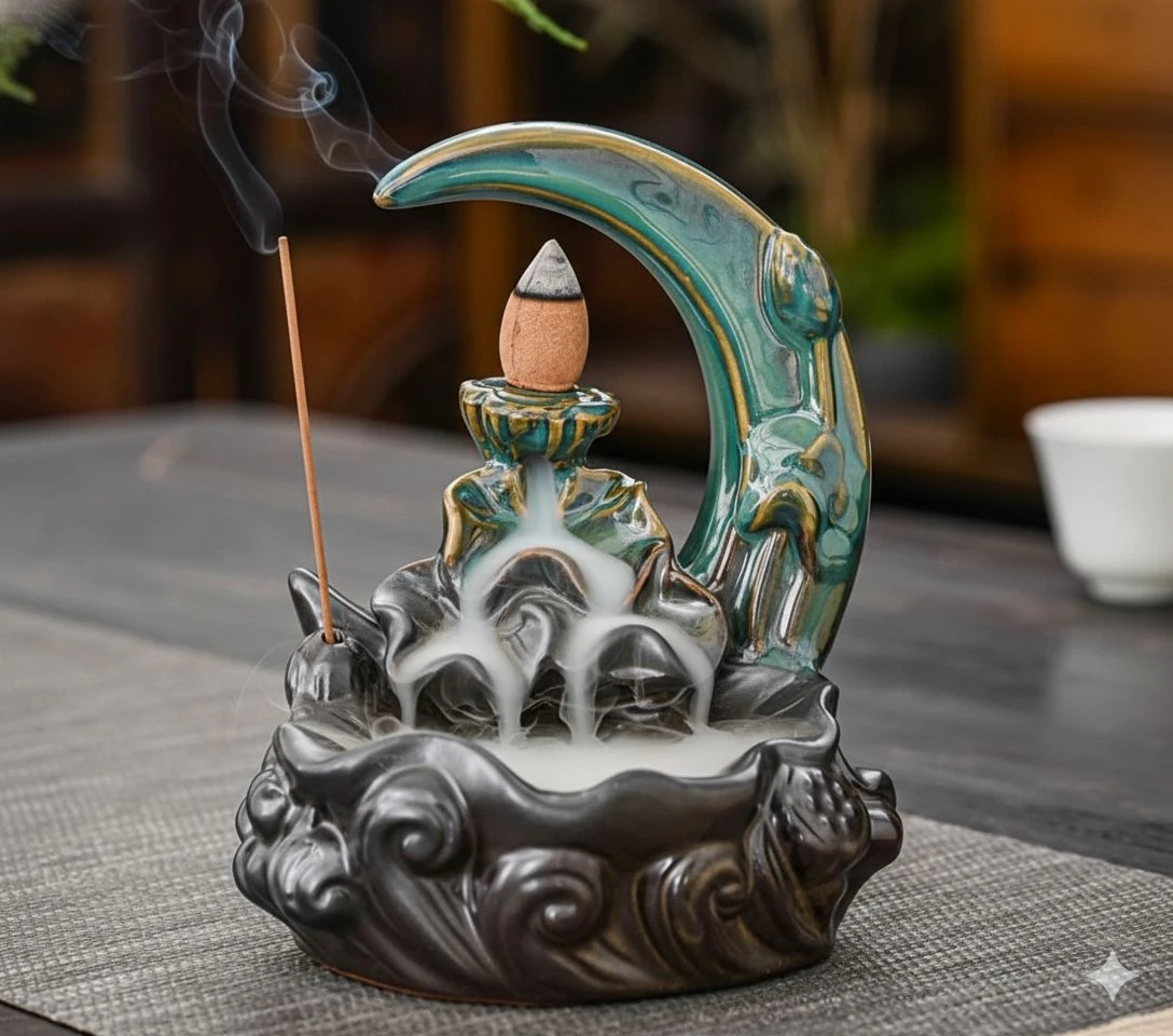Dekoratif Ay Tasarımlı Şelale Seramik Geri Akış & Çubuk Tütsülük
