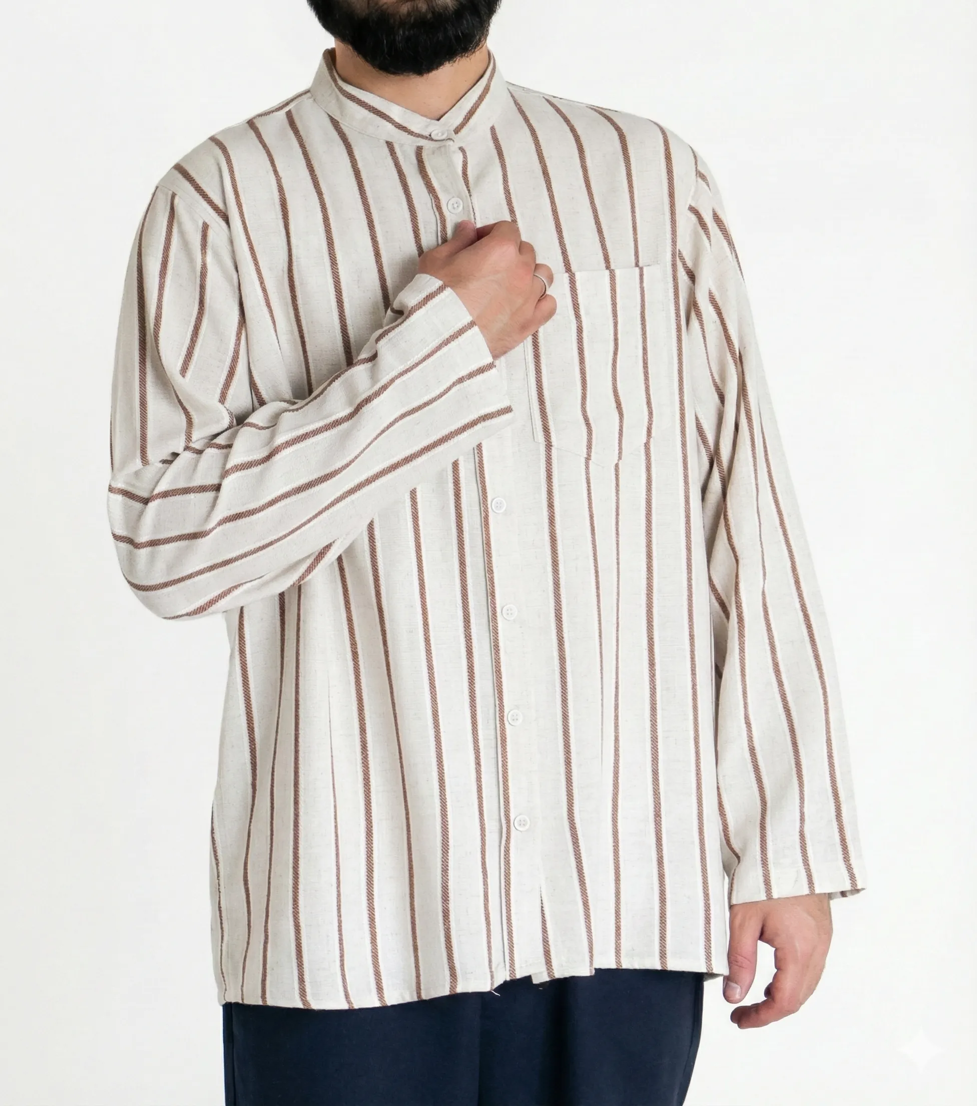 Sayha %100 Keten (Linen) Kahverengi Çizgili Gömlek