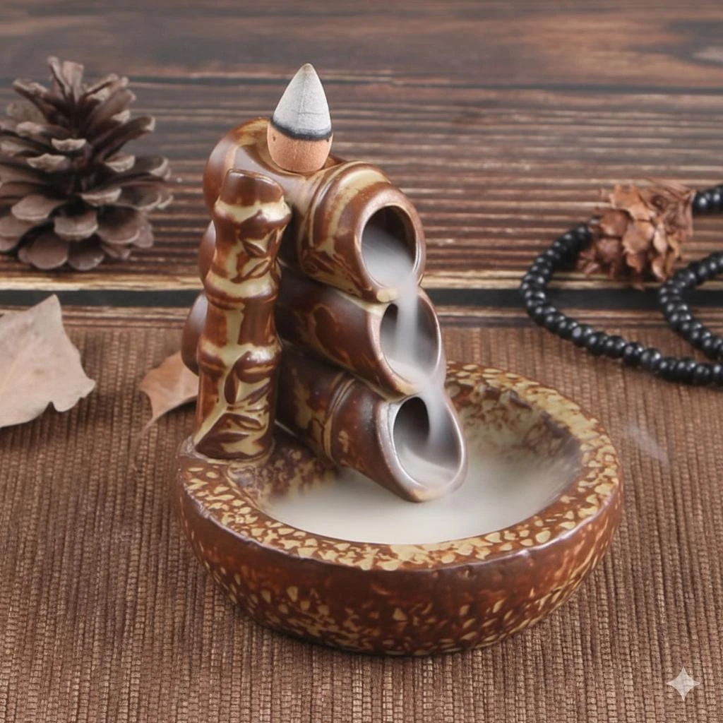 Üç Oluklu Kahverengi Dekoratif Seramik Geri Akış Tütsülük