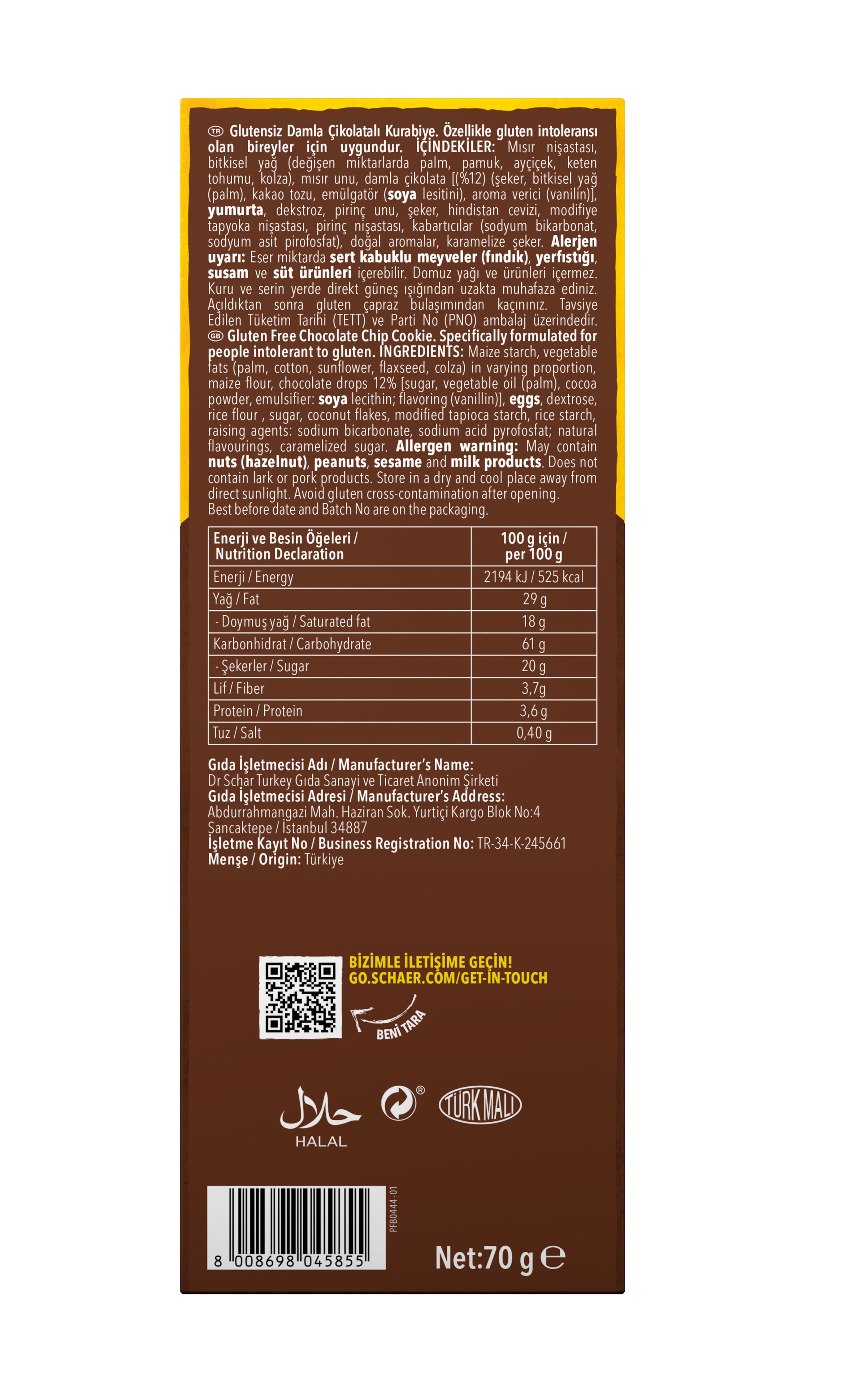 Schar Chocotti Glutensiz Damla Çikolatalı Kurabiye 70 Gr
