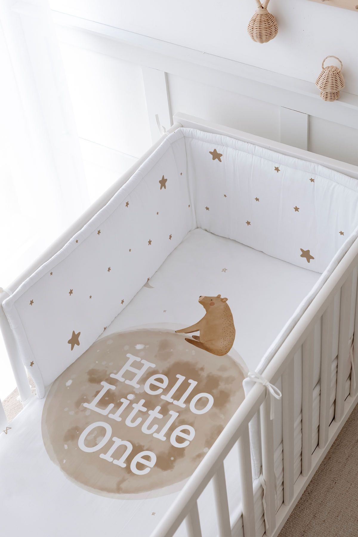 Bebek Başucu Koruyucu ve Baskılı Çarşaflı Uyku Seti - Pure Baby Serisi - Hello Bear