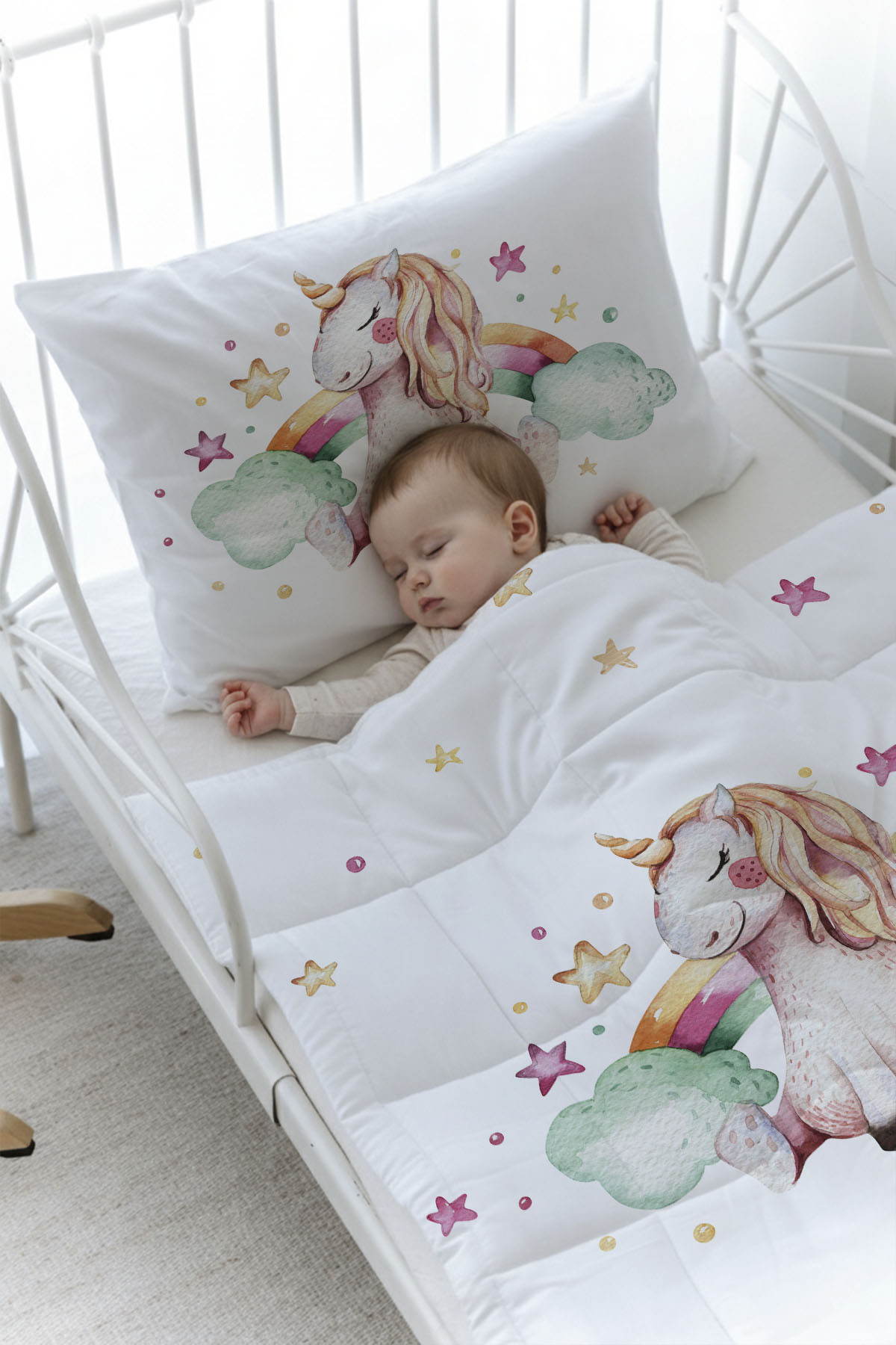 Organik Baskılı Yorgan Seti - For Baby Serisi - Gökkuşaklı Unicorn