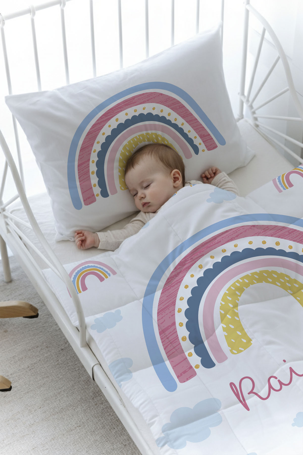 Organik Baskılı Yorgan Seti - For Baby Serisi - Pembe Gökkuşağı