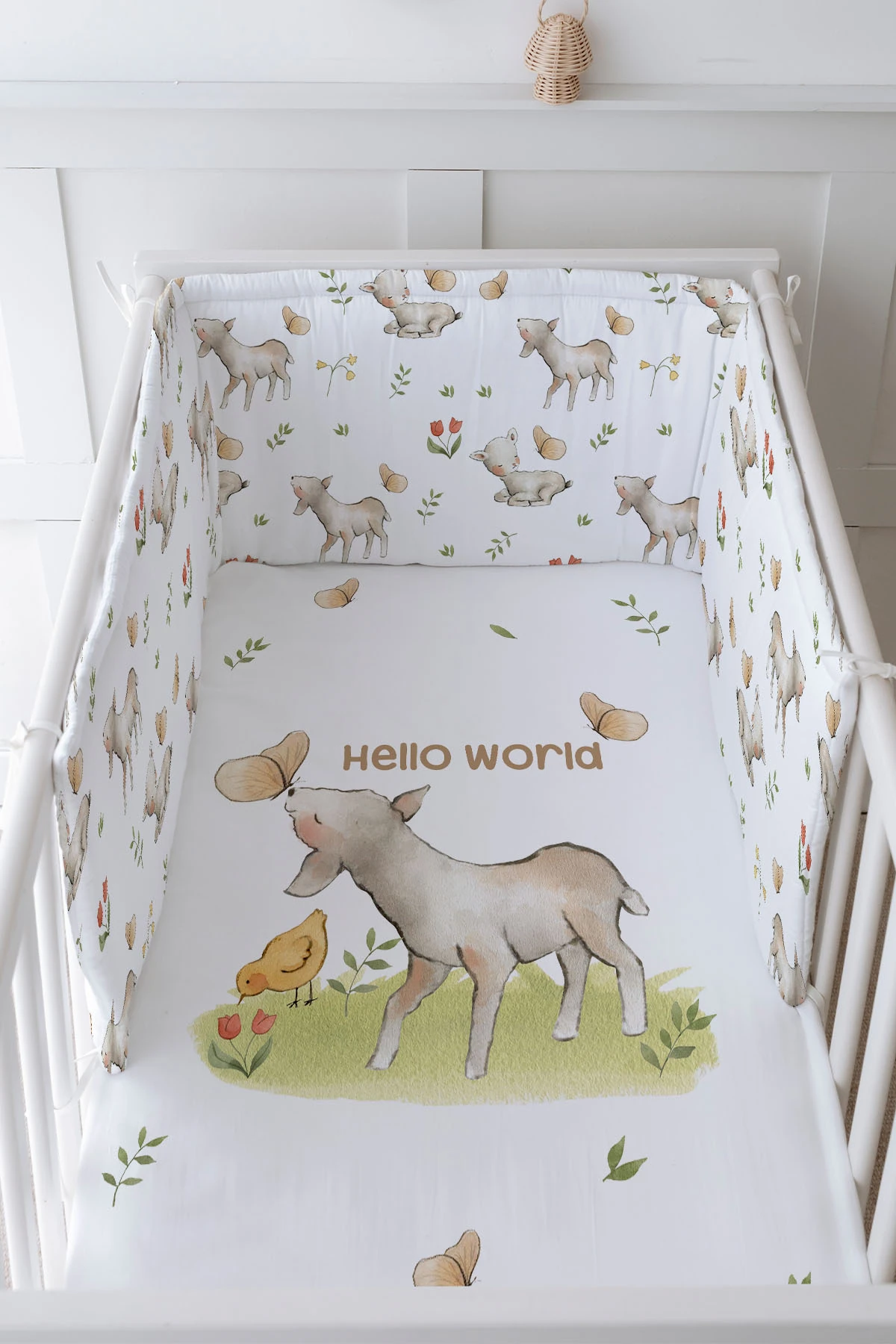 Bebek Başucu Koruyucu ve Baskılı Çarşaflı Uyku Seti - Pure Baby Serisi - Kelebekle Kuzu