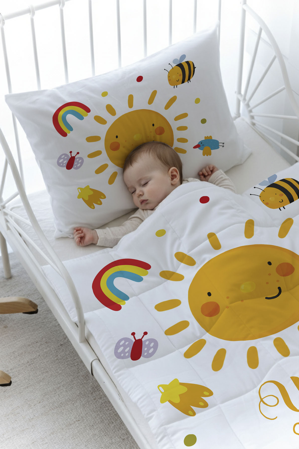 Organik Baskılı Yorgan Seti - For Baby Serisi - Gülen Pastel Güneş