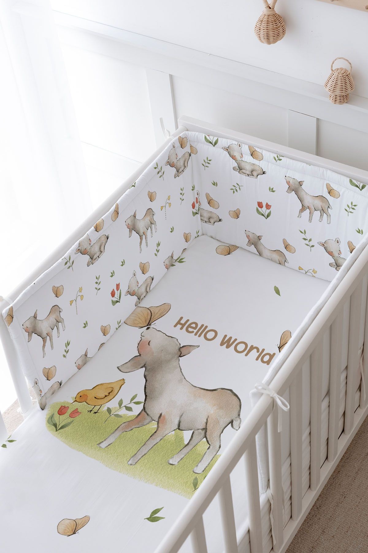 Bebek Başucu Koruyucu ve Baskılı Çarşaflı Uyku Seti - Pure Baby Serisi - Kelebekle Kuzu
