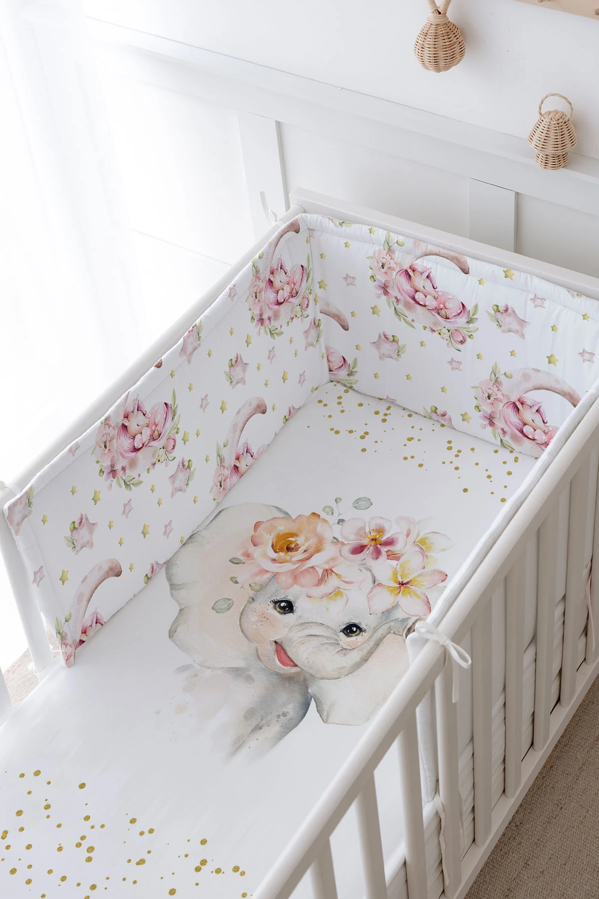 Bebek Başucu Koruyucu ve Baskılı Çarşaflı Uyku Seti - For Baby Serisi - Suluboya Fil