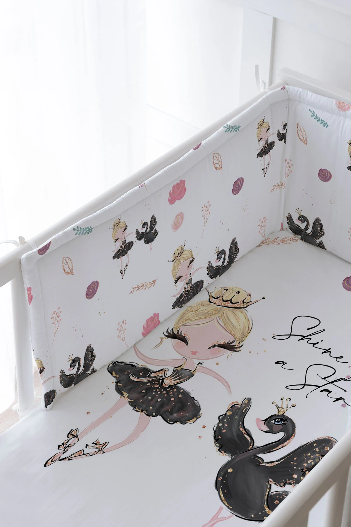 Bebek Başucu Koruyucu ve Baskılı Çarşaflı Uyku Seti - For Baby Serisi - Siyah Tütülü Balerin