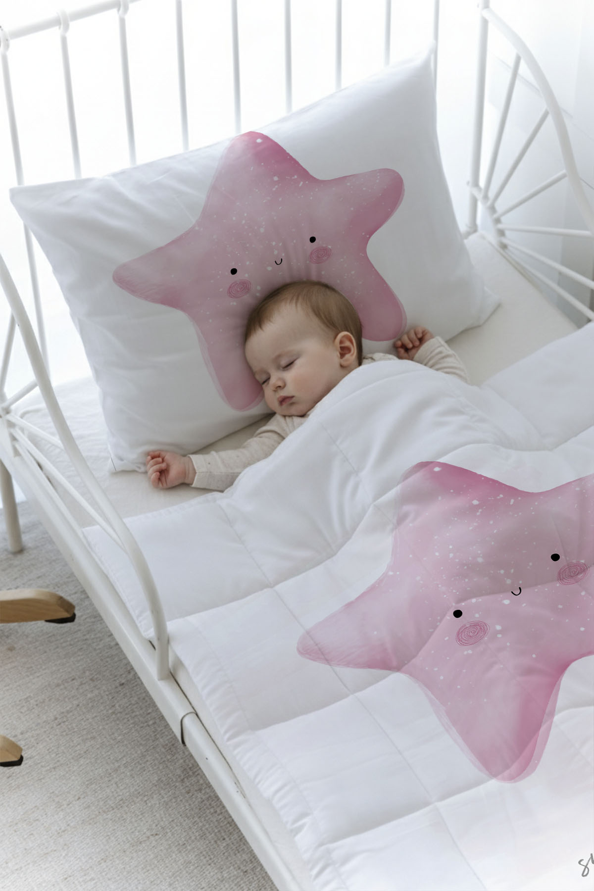 Organik Baskılı Yorgan Seti - Pure Baby Serisi - Pofuduk Pembe Yıldız