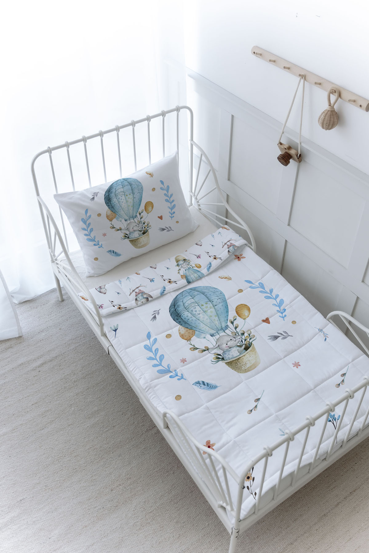Organik Baskılı Yorgan Seti - For Baby Serisi - Mavi Balonda Fil