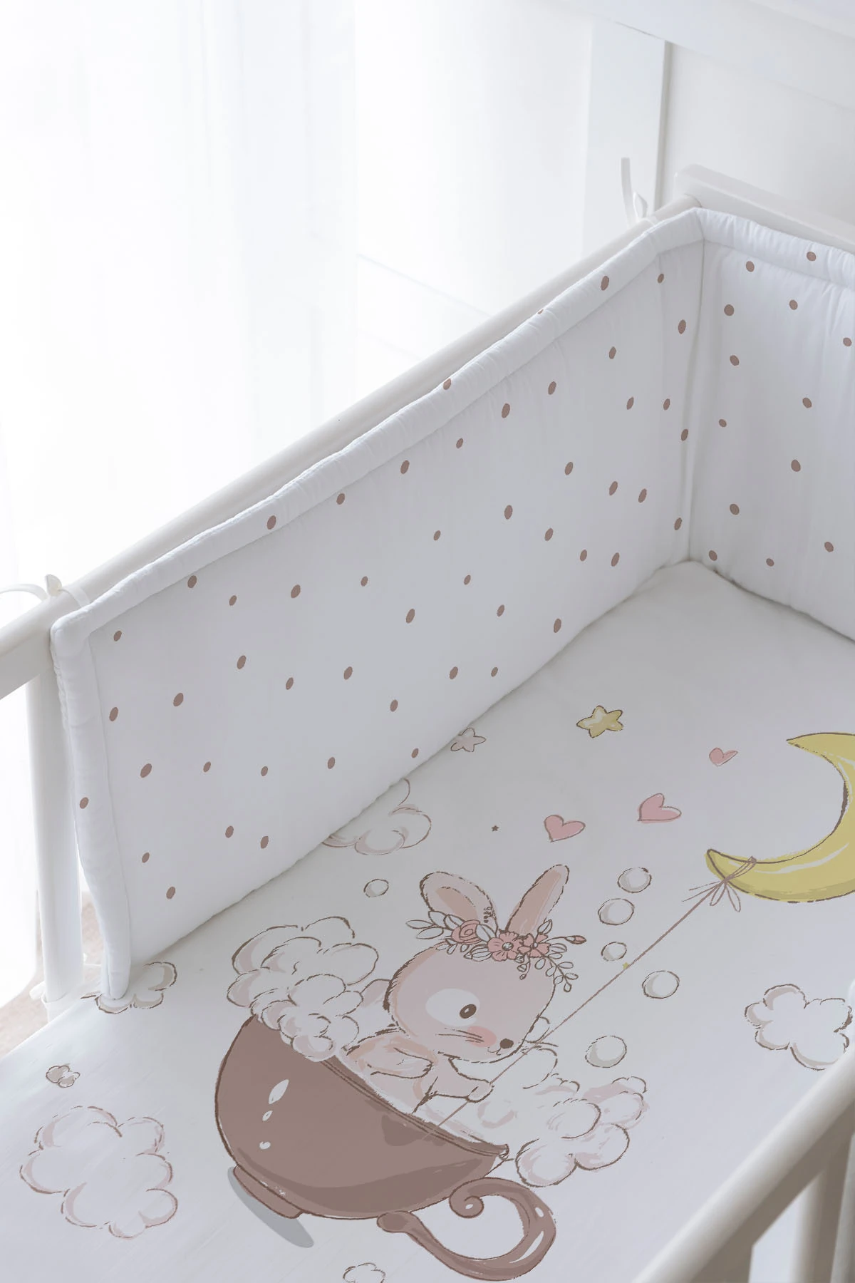 Bebek Başucu Koruyucu ve Baskılı Çarşaflı Uyku Seti - Pure Baby Serisi - Bir Fincan Tavşan