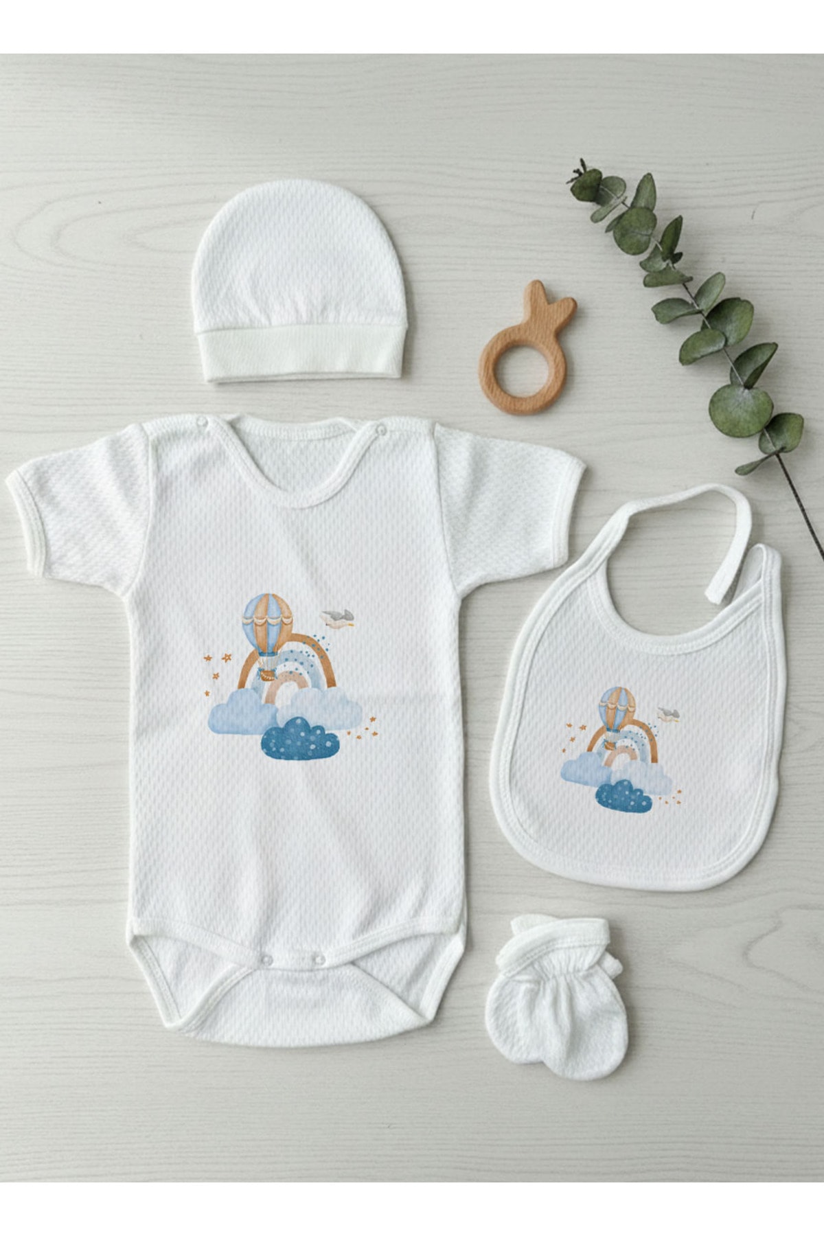 Jakarlı Body Seti - For Baby - Mavi Bulutlar ve Balon
