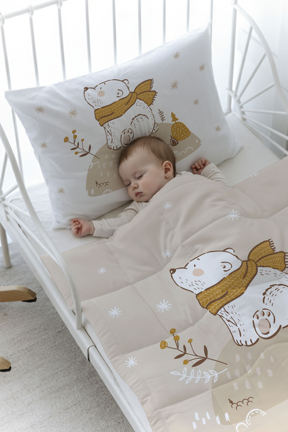 Organik Baskılı Yorgan Seti - For Baby Serisi - Kahverengi Atkılı Ayı
