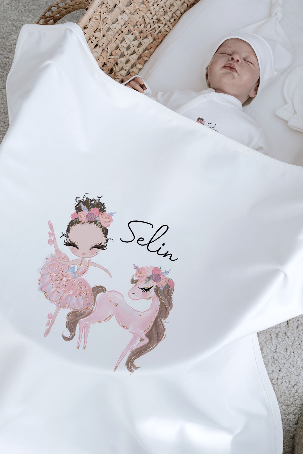 Organik Battaniye - For Baby - Pembe Tütülü Balerin ve Unicorn