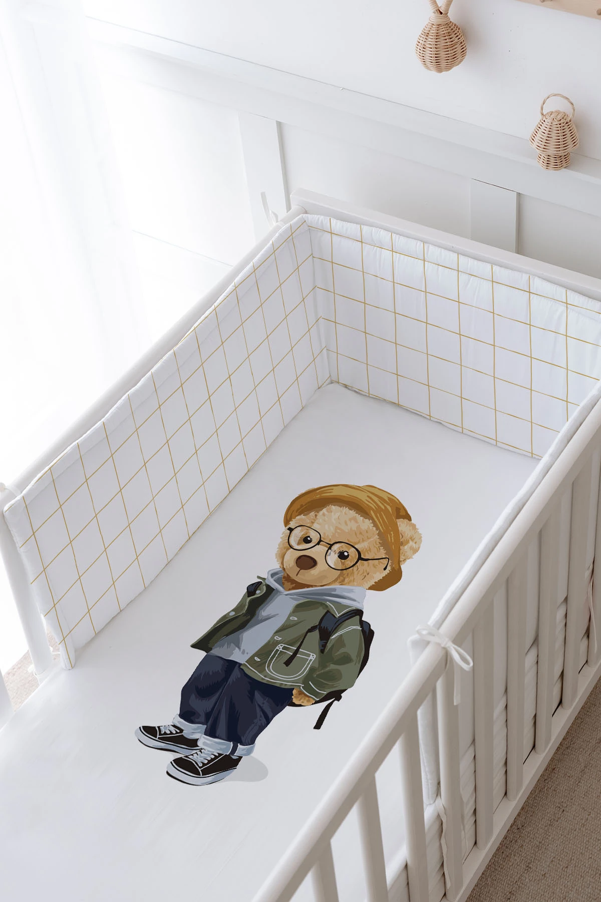 Bebek Başucu Koruyucu ve Baskılı Çarşaflı Uyku Seti - Pure Baby Serisi - Gözlüklü Ayıcık