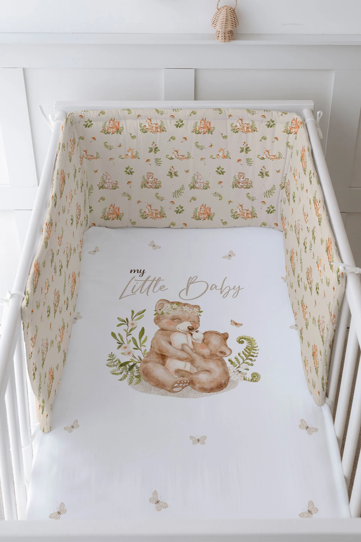 Bebek Başucu Koruyucu ve Baskılı Çarşaflı Uyku Seti - For Baby Serisi - Mom And Baby Bear