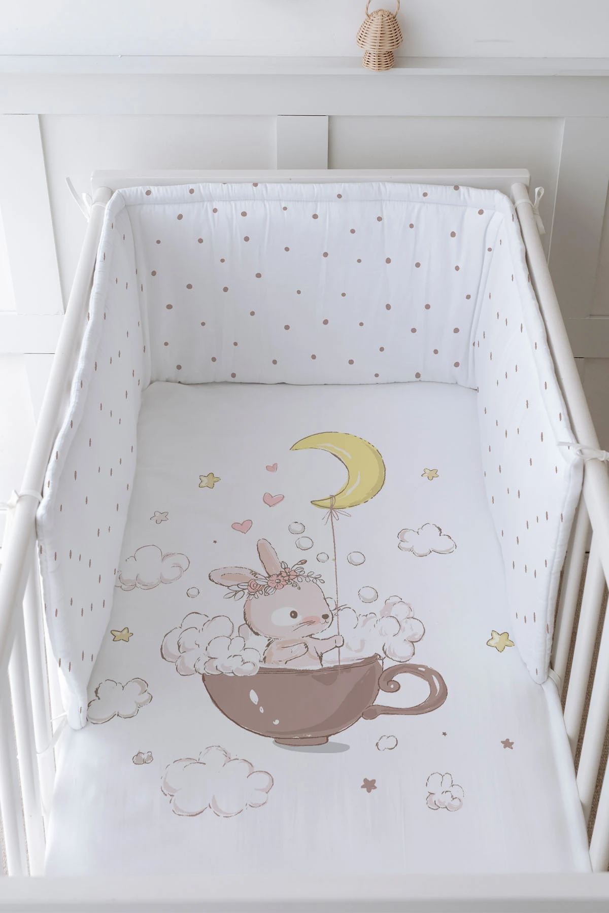 Bebek Başucu Koruyucu ve Baskılı Çarşaflı Uyku Seti - Pure Baby Serisi - Bir Fincan Tavşan