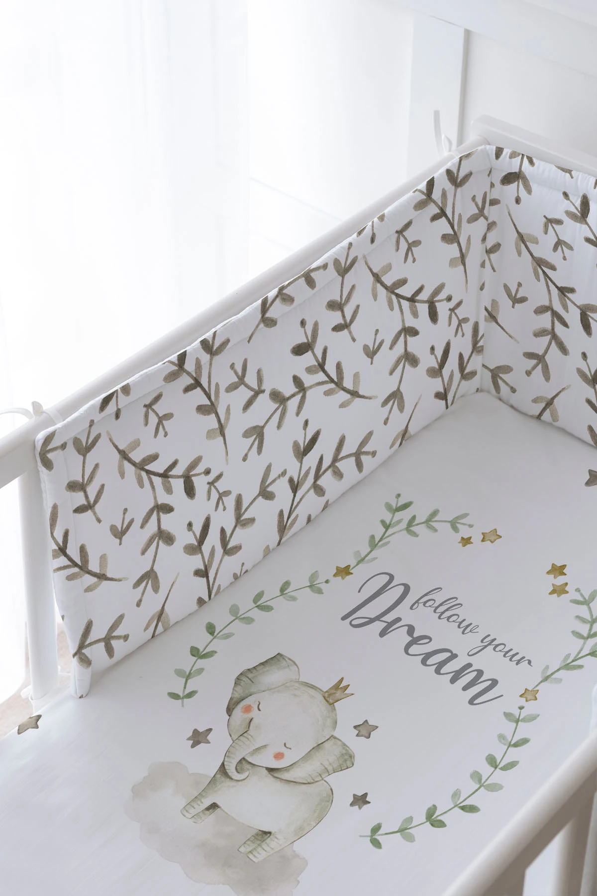 Bebek Başucu Koruyucu ve Baskılı Çarşaflı Uyku Seti - For Baby Serisi - Damask Filli