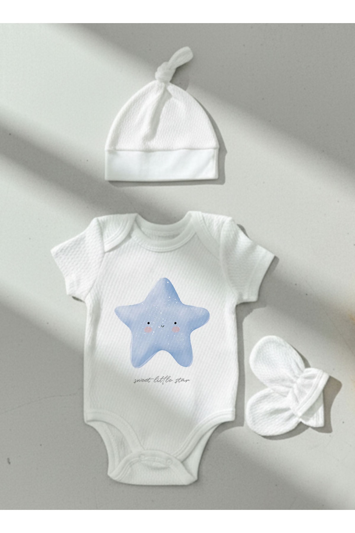 Jakarlı Body Şapka Eldiven - Pure Baby - Pofuduk Mavi Yıldız