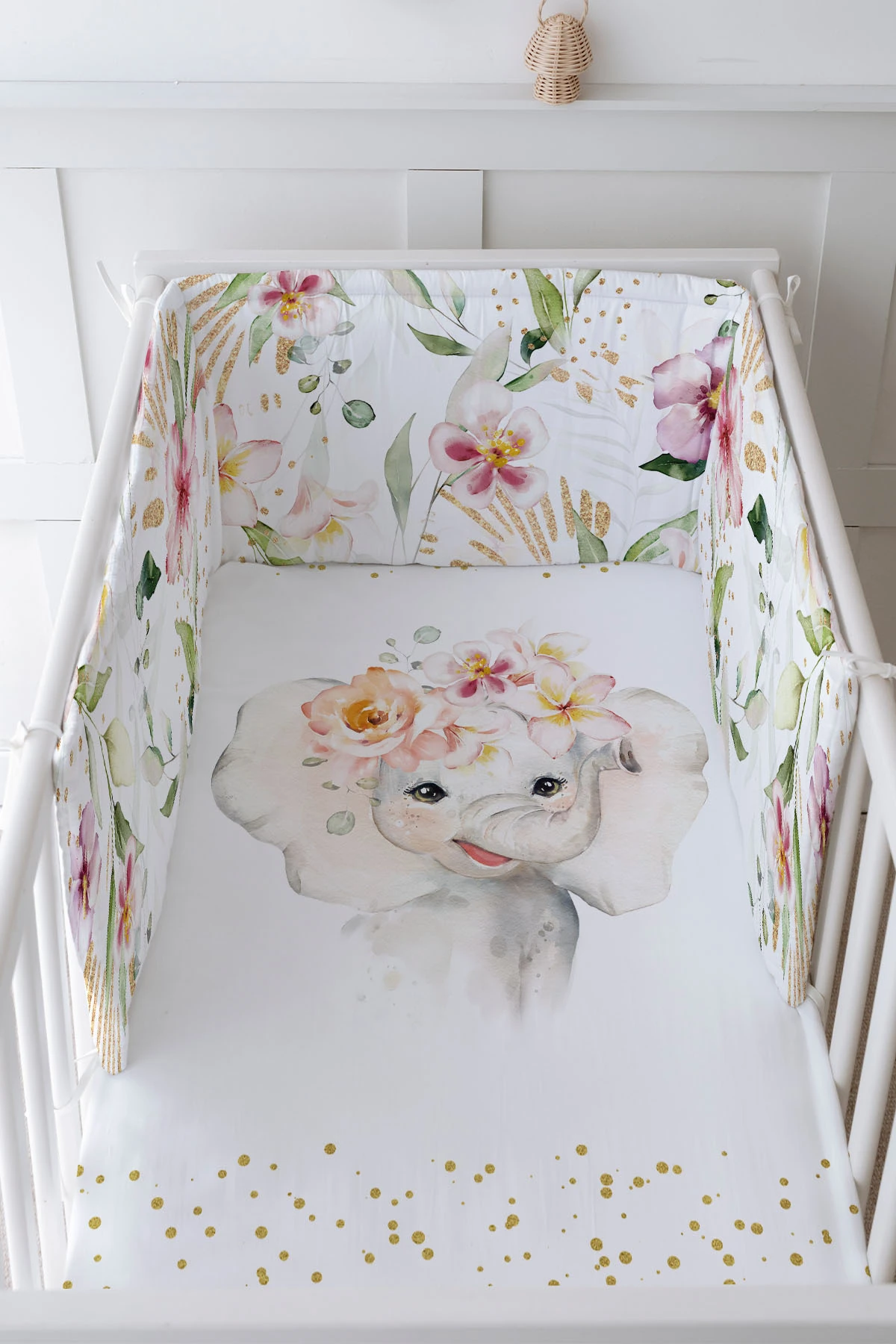 Bebek Başucu Koruyucu ve Baskılı Çarşaflı Uyku Seti - For Baby Serisi - Suluboya Fil