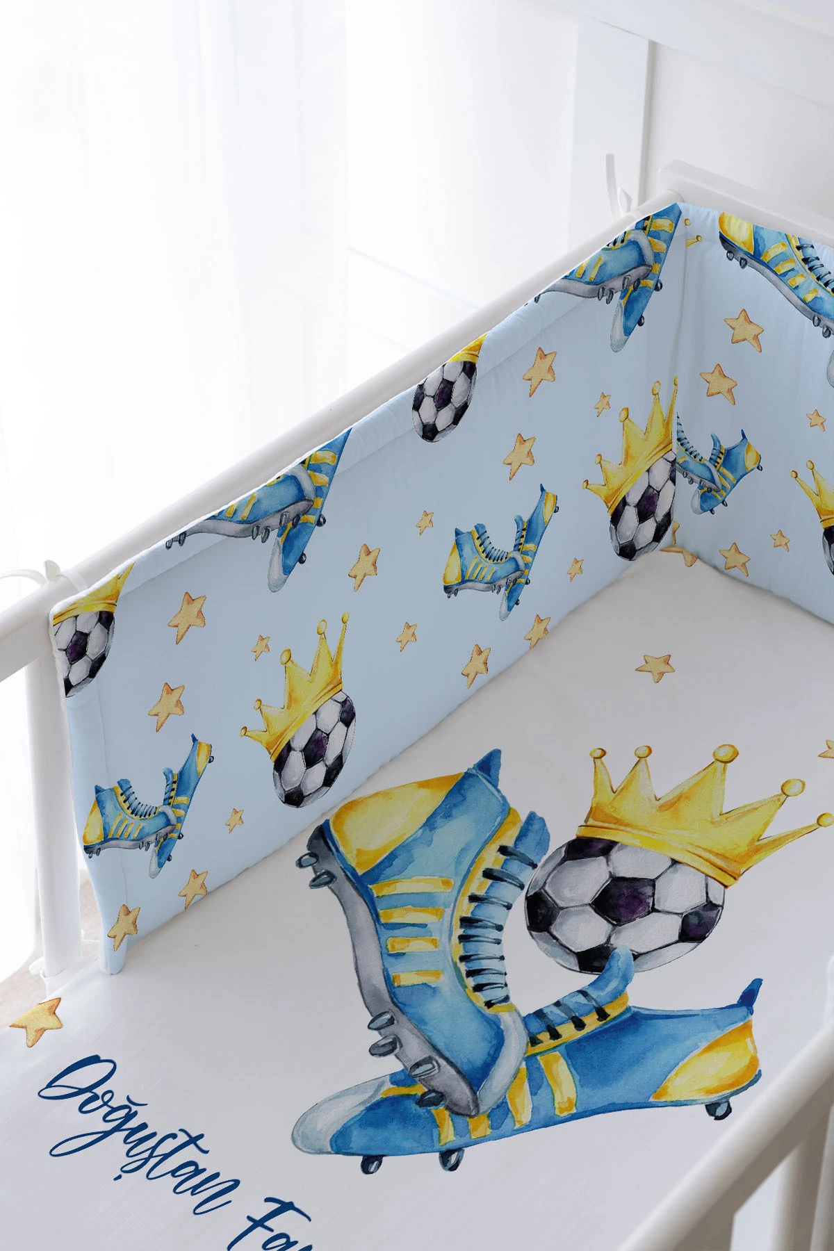 Bebek Başucu Koruyucu Ve Baskılı Çarşaflı Uyku Seti - For Baby Serisi - Sarı Lacivert