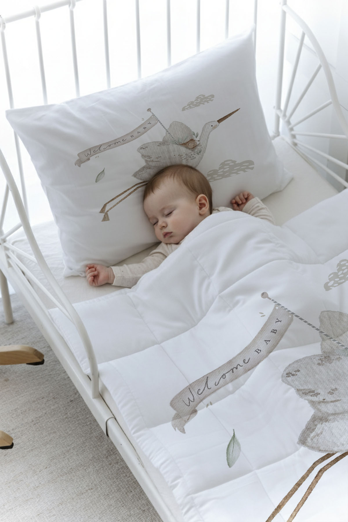 Organik Baskılı Yorgan Seti - Royal Series - Welcome Baby Stork