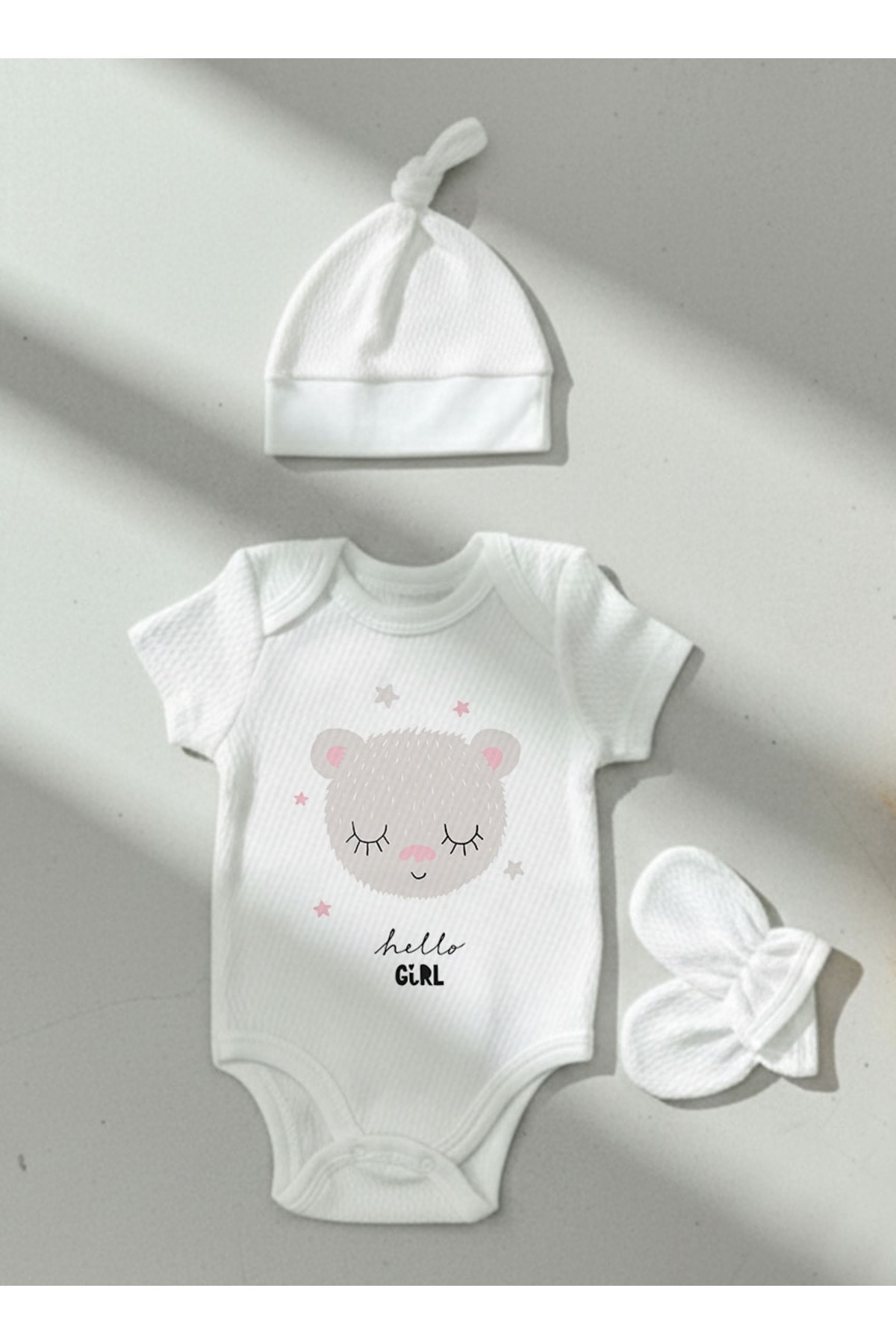 Jakarlı Body Şapka Eldiven - Pure Baby - Erkek Bebek Ayıcık