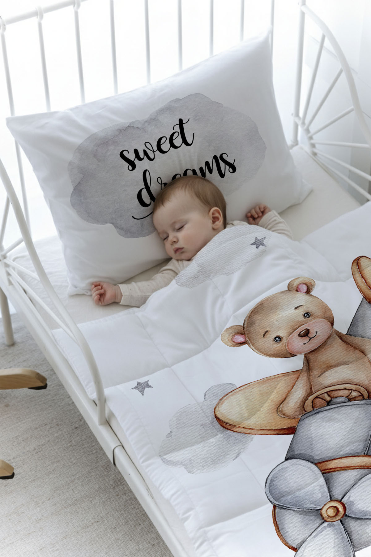 Organik Baskılı Yorgan Seti - Pure Baby Serisi - Uçan Ayı