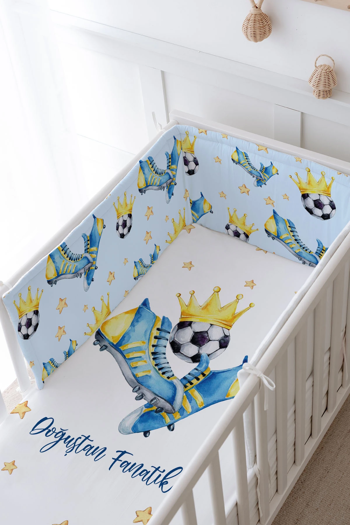 Bebek Başucu Koruyucu Ve Baskılı Çarşaflı Uyku Seti - For Baby Serisi - Sarı Lacivert