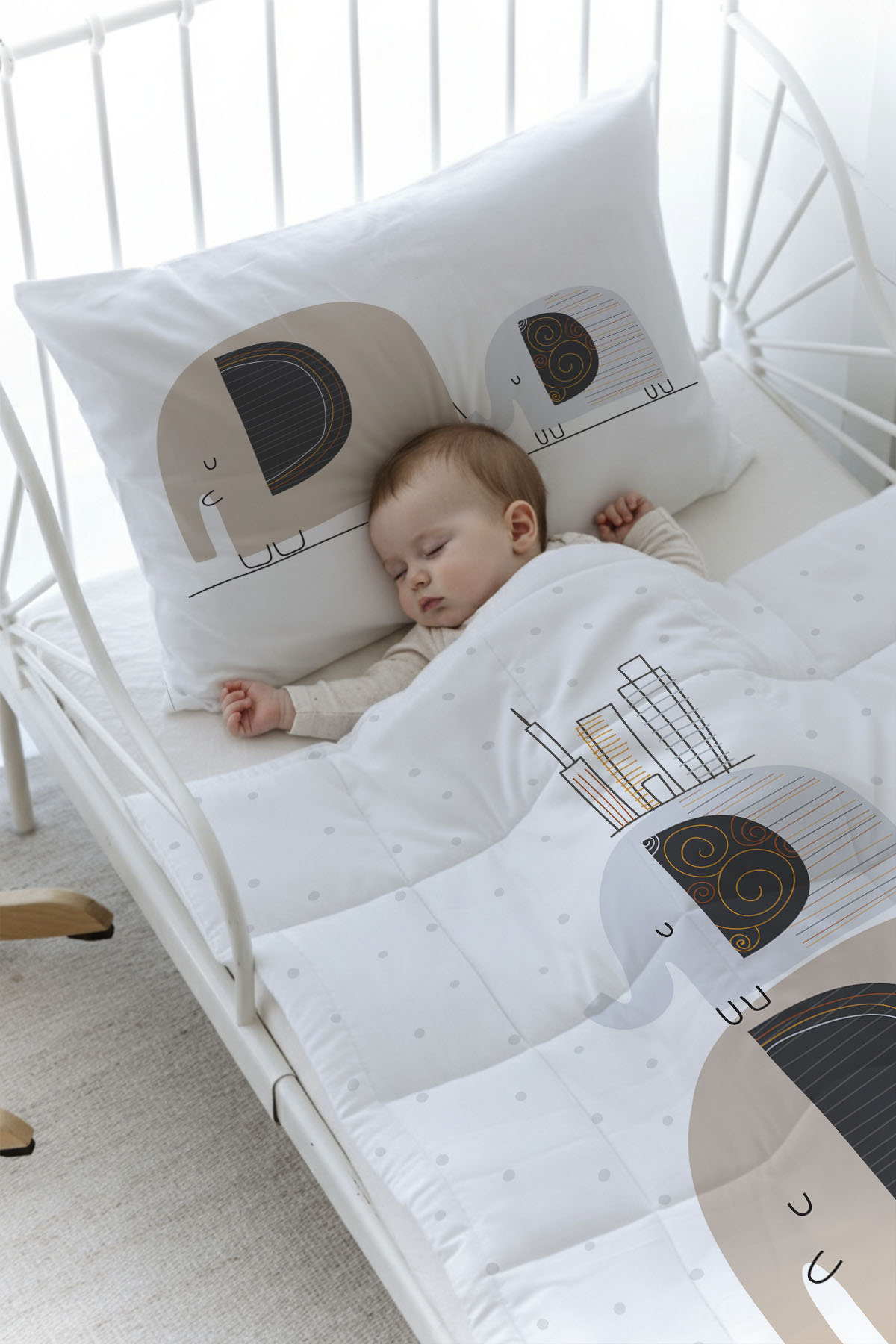 Organik Baskılı Yorgan Seti - Pure Baby Serisi - Filler ve Evler