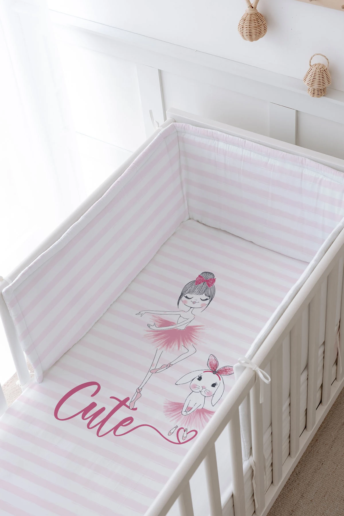 Bebek Başucu Koruyucu ve Baskılı Çarşaflı Uyku Seti - For Baby Serisi - Balerin Tavşan Ve Kız