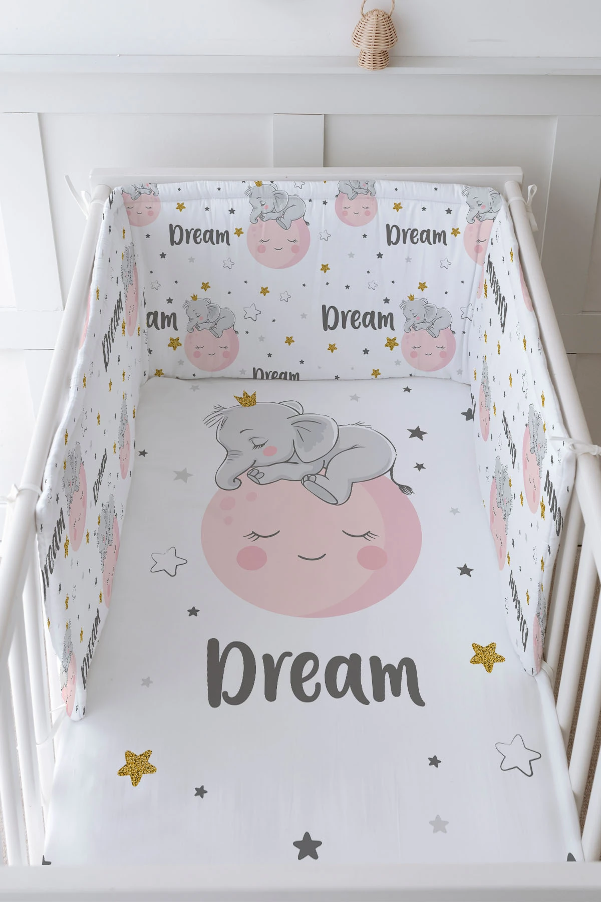 Bebek Başucu Koruyucu ve Baskılı Çarşaflı Uyku Seti - For Baby Serisi - Ayda Uyuyan Fil