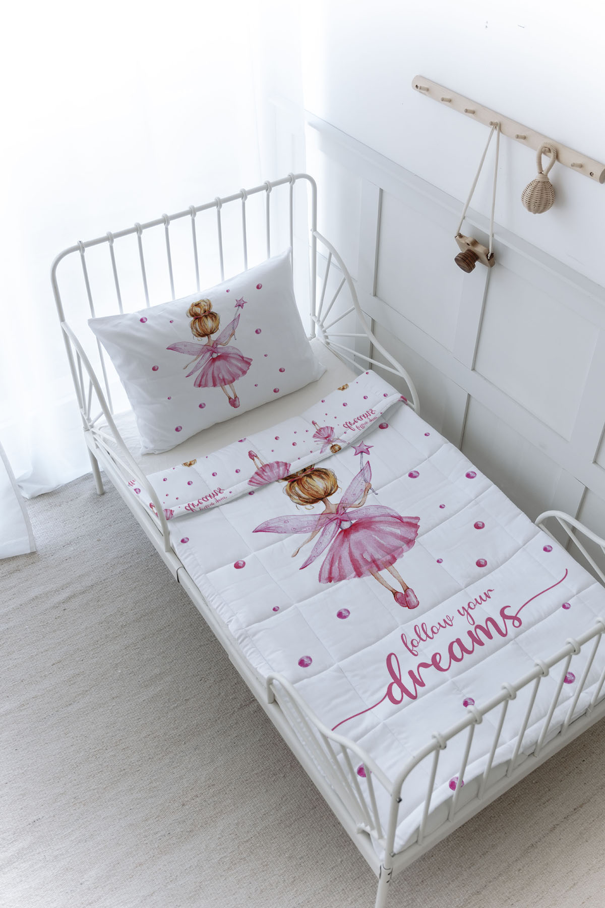 Organik Baskılı Yorgan Seti - For Baby Serisi - Topuzlu Pembe Peri