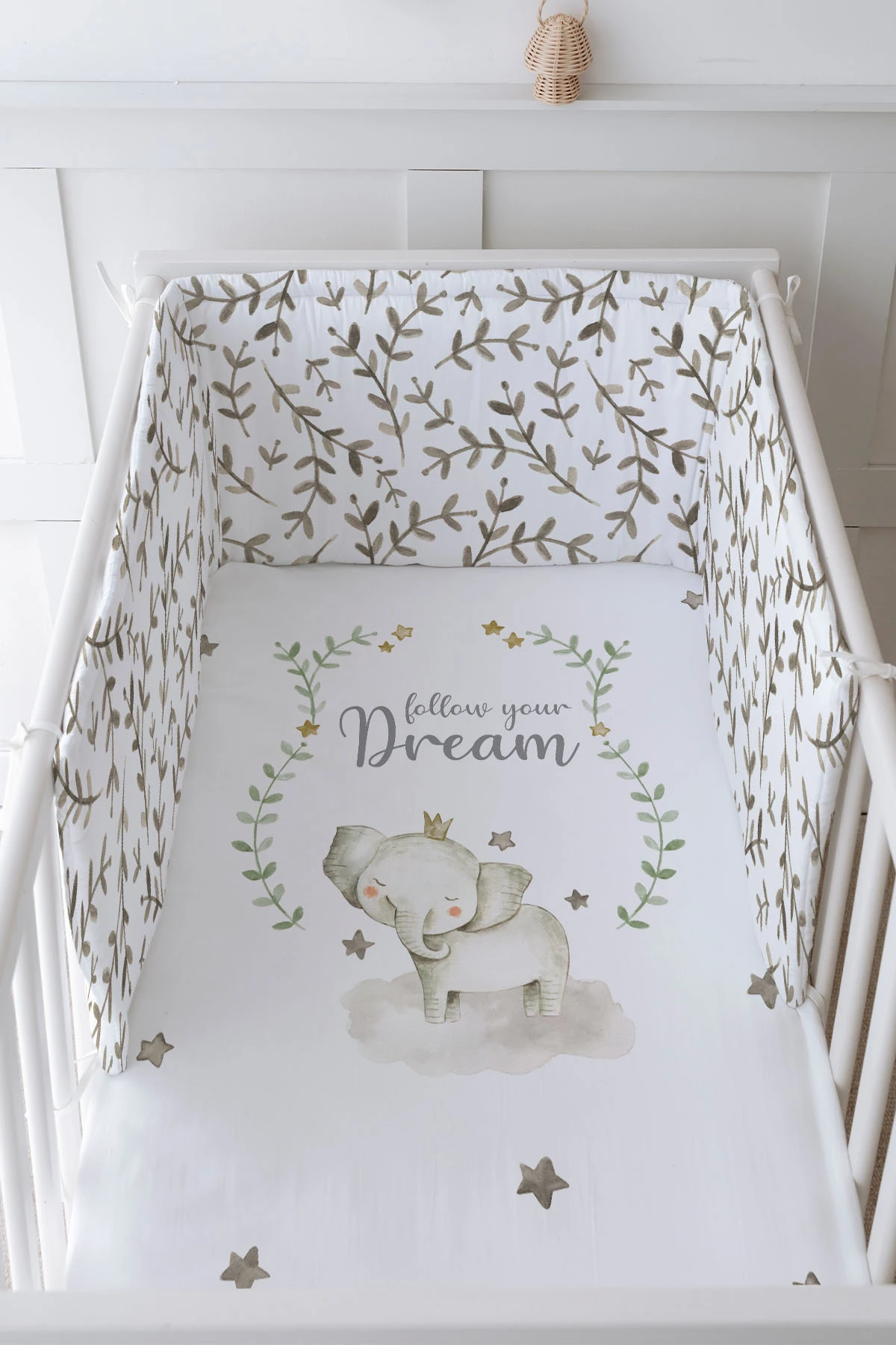 Bebek Başucu Koruyucu ve Baskılı Çarşaflı Uyku Seti - For Baby Serisi - Damask Filli