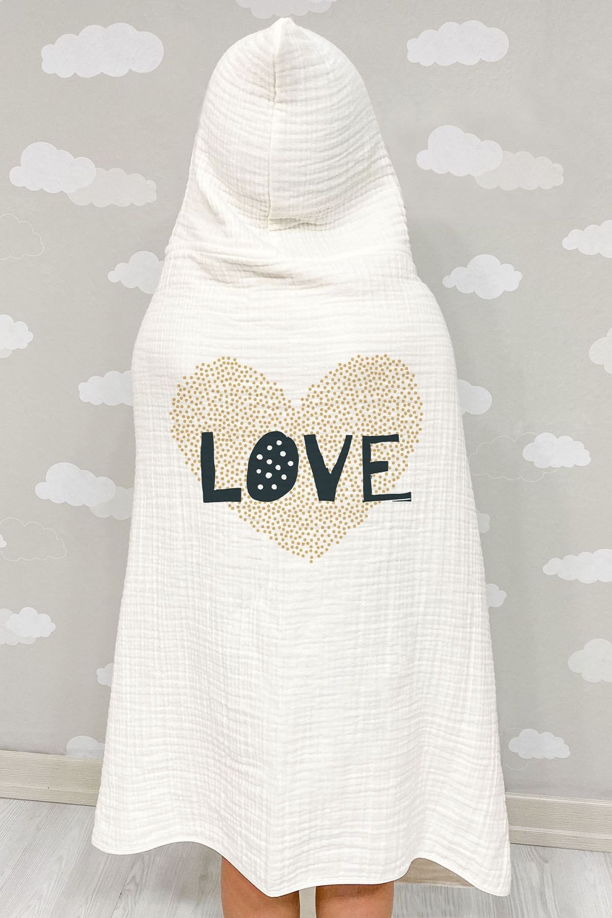 4 Kat Müslin Kapüşonlu Havlu - Pure Baby Serisi - Kalpli Love