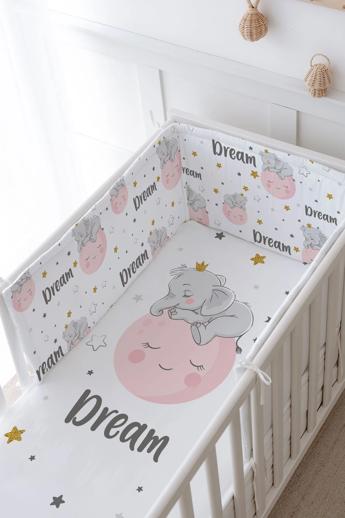 Bebek Başucu Koruyucu ve Baskılı Çarşaflı Uyku Seti - For Baby Serisi - Ayda Uyuyan Fil