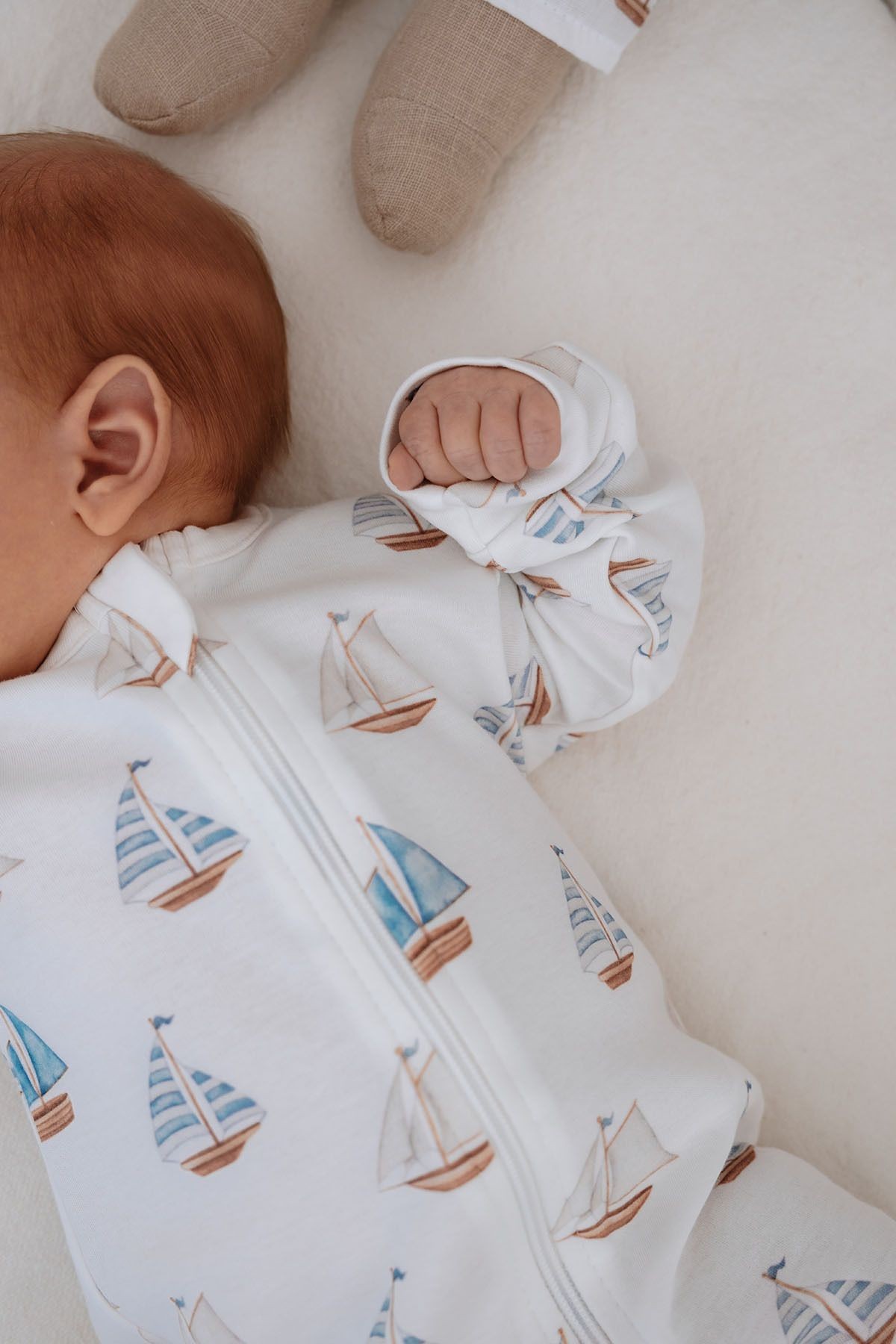 Fermuarlı Patikli Bebek Tulumu - Pureline Series - Sail Boats