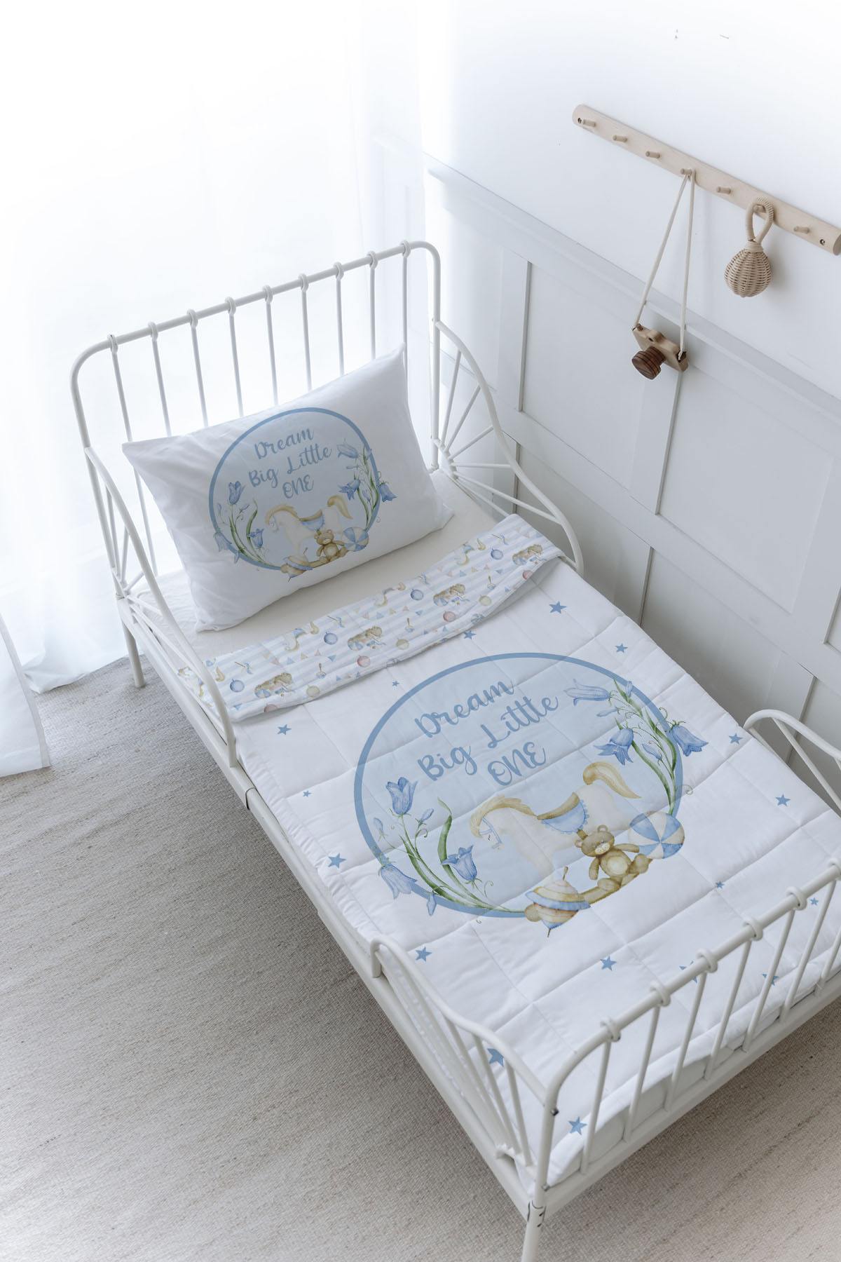 Organik Baskılı Yorgan Seti - For Baby Serisi - Mavi Sallanan At