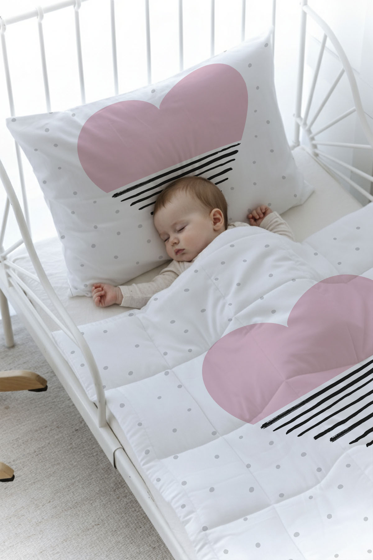 Organik Baskılı Yorgan Seti - Pure Baby Serisi - Pembe Çizgili Kalp